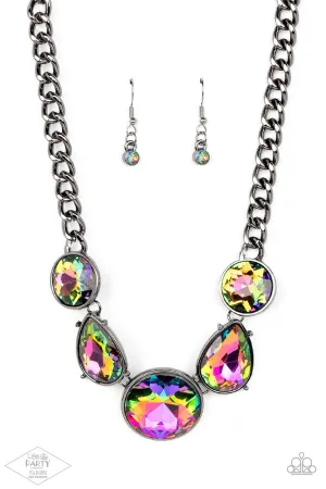 All the World's My Stage - Multi - Oil Spill Gunmetal Statement Paparazzi Short Necklace - Pink Diamond Exclusive