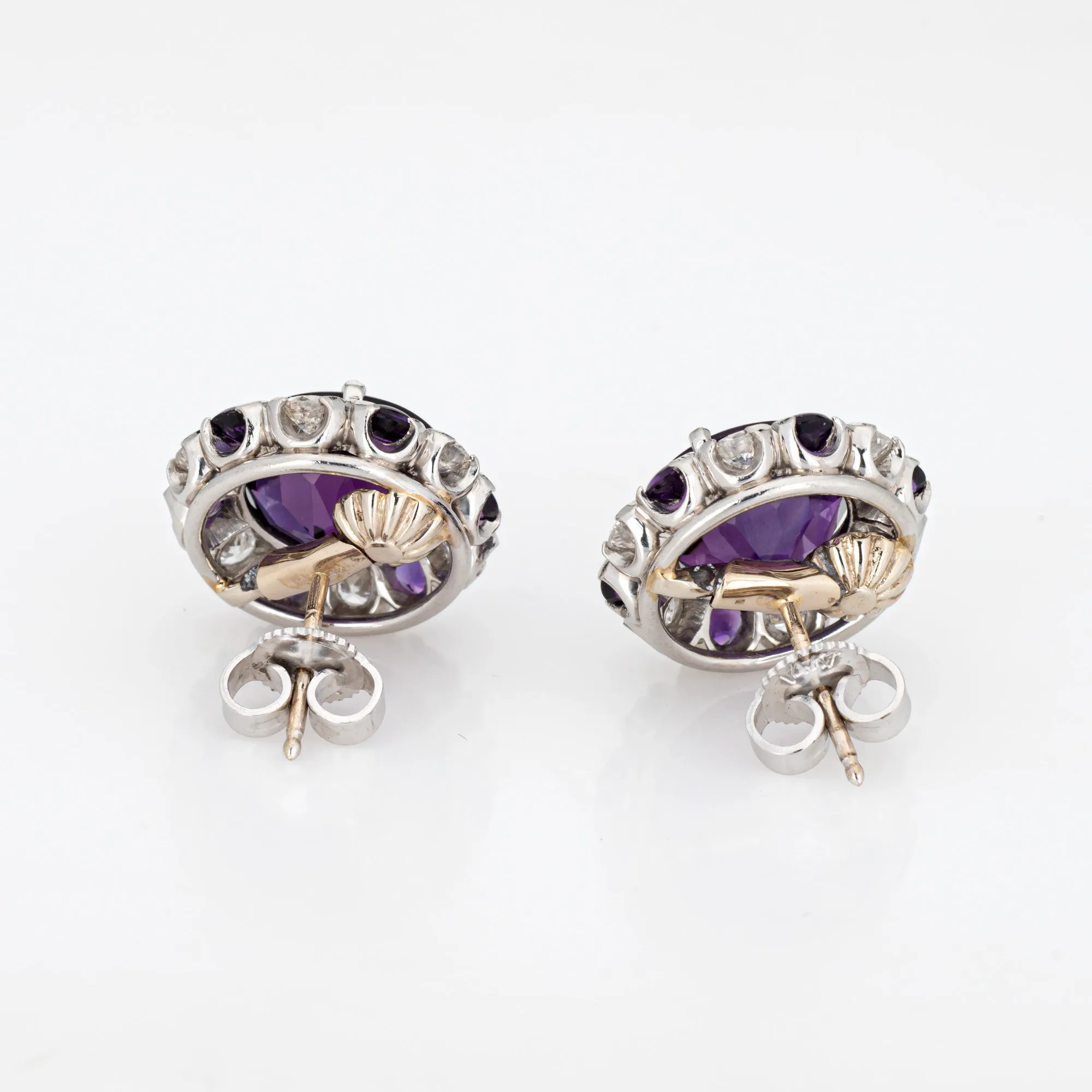Amethyst Diamond Stud Earrings Vintage Platinum Round Fine Estate Jewelry