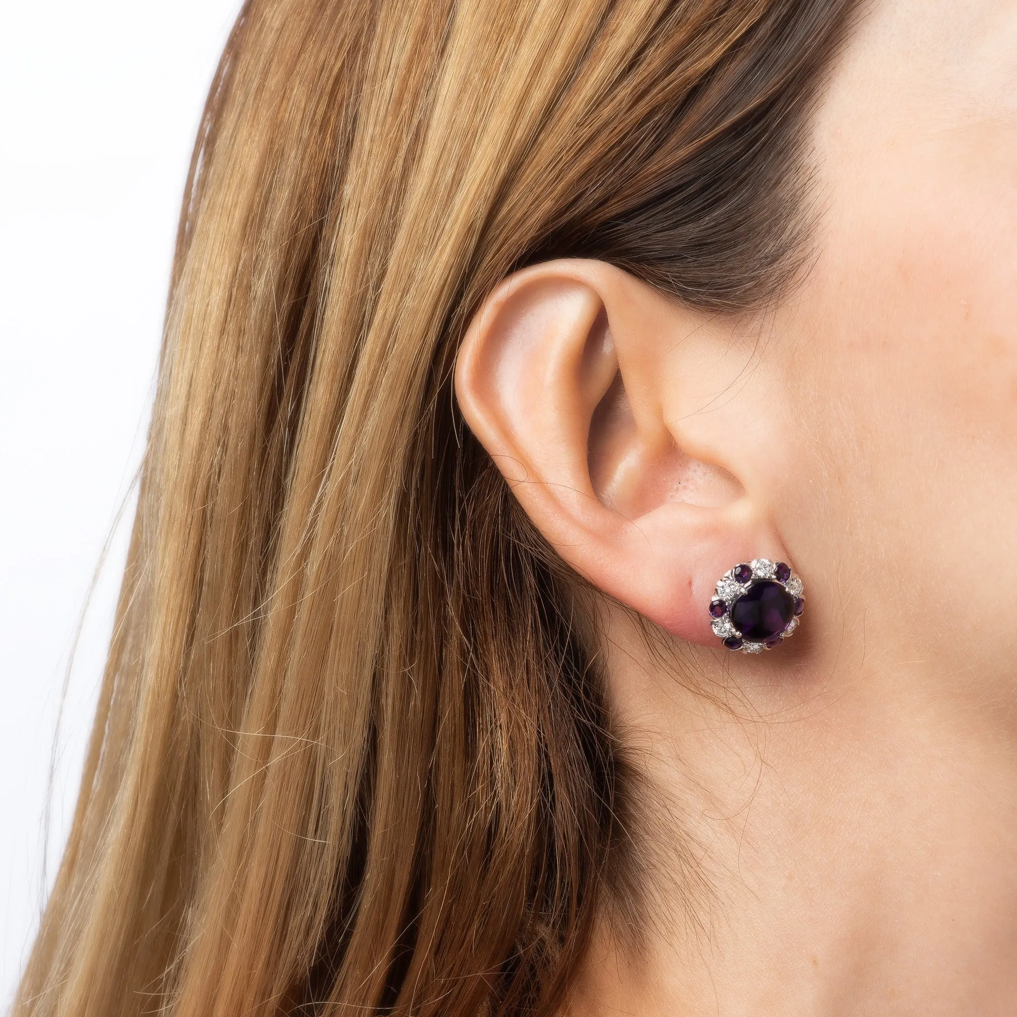 Amethyst Diamond Stud Earrings Vintage Platinum Round Fine Estate Jewelry