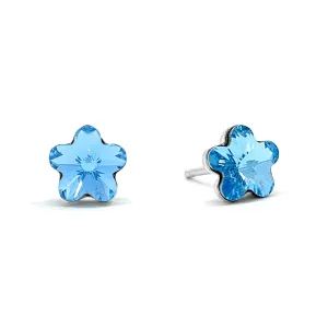 Anna Small Stud Earrings with Blue Aquamarine Flower Crystals from Swarovski Silver Toned Rhodium Plated