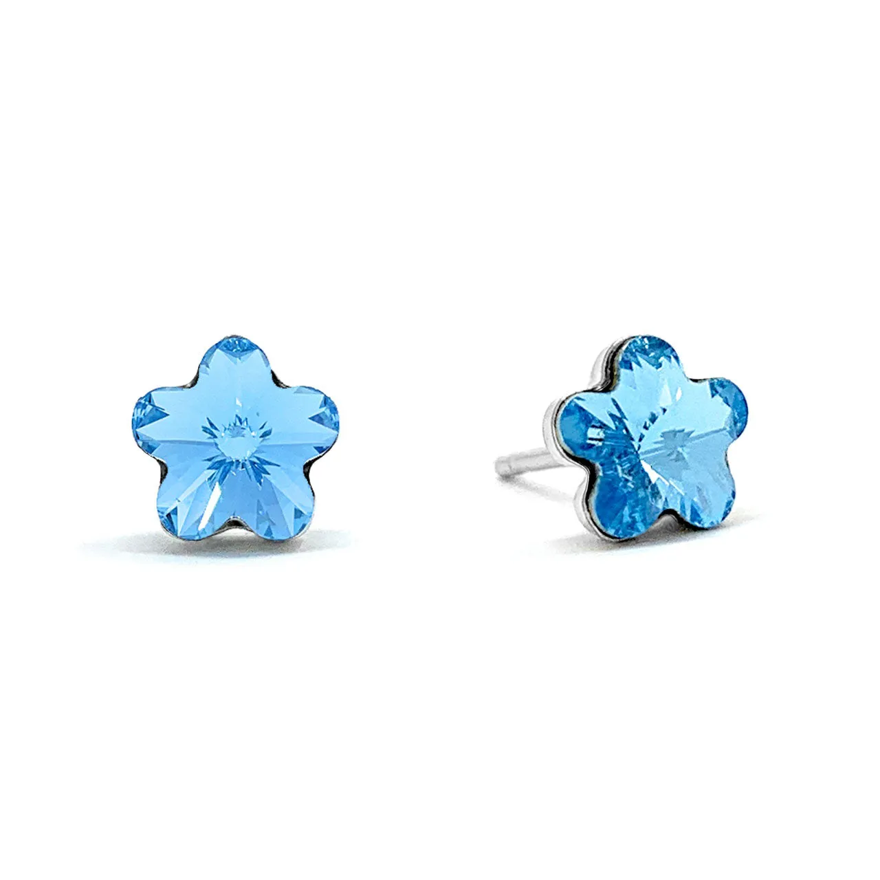 Anna Small Stud Earrings with Blue Aquamarine Flower Crystals from Swarovski Silver Toned Rhodium Plated