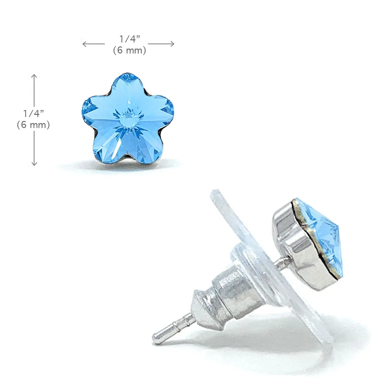 Anna Small Stud Earrings with Blue Aquamarine Flower Crystals from Swarovski Silver Toned Rhodium Plated
