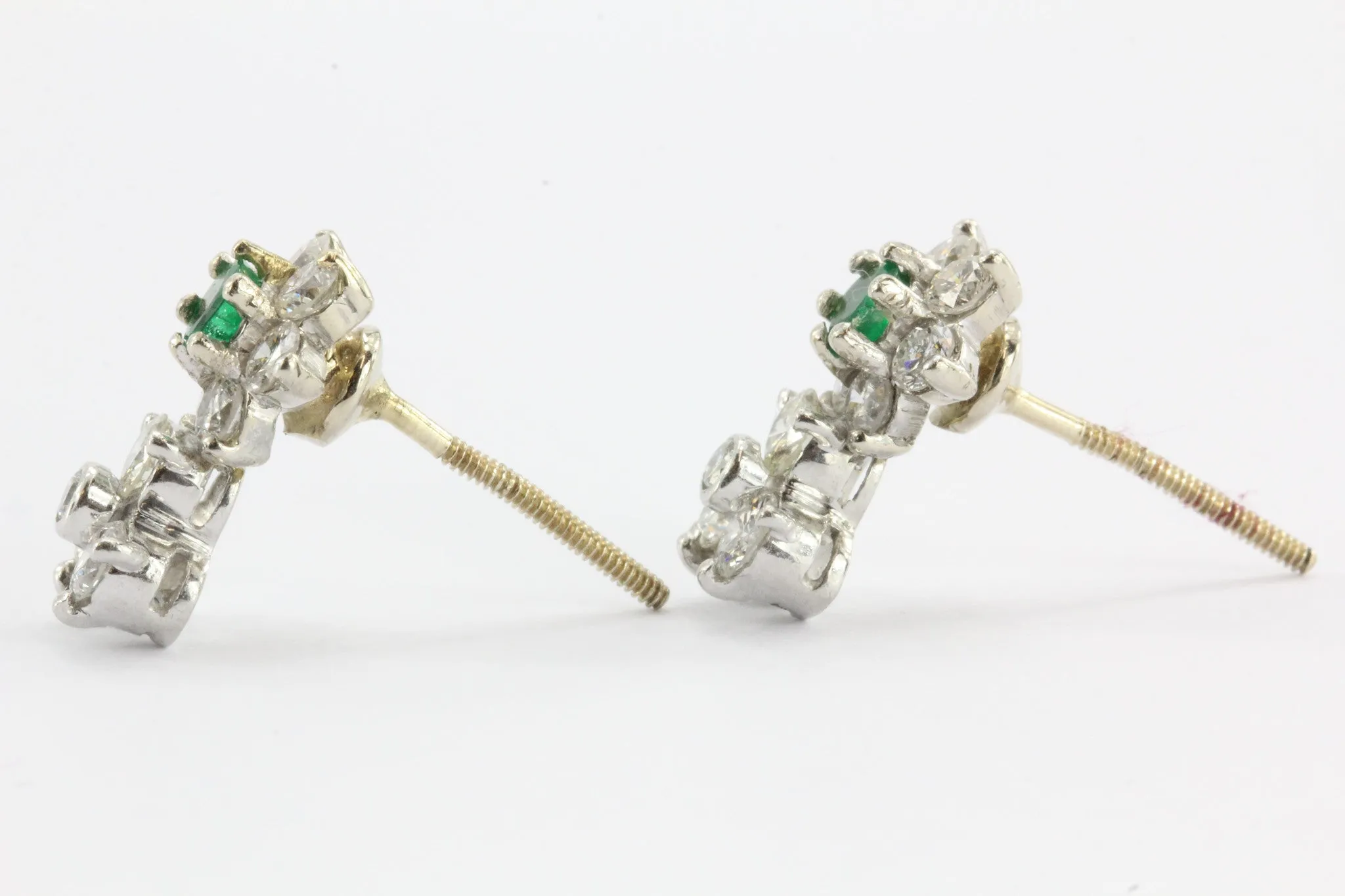 Antique 14K White Gold & Platinum Diamond & Emerald Earrings