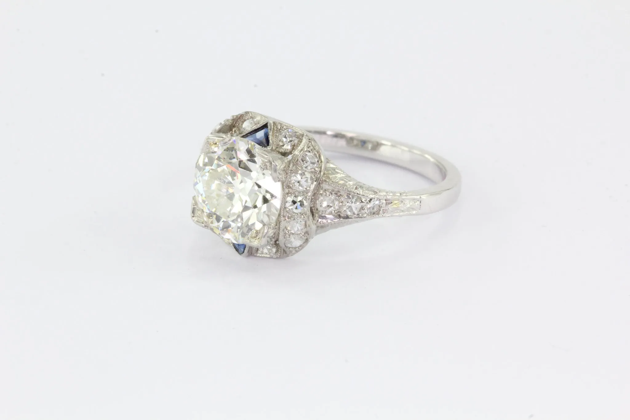 Antique Art Deco 3 Carat Total Weight Platinum Old European Diamond Sapphire Engagement Ring