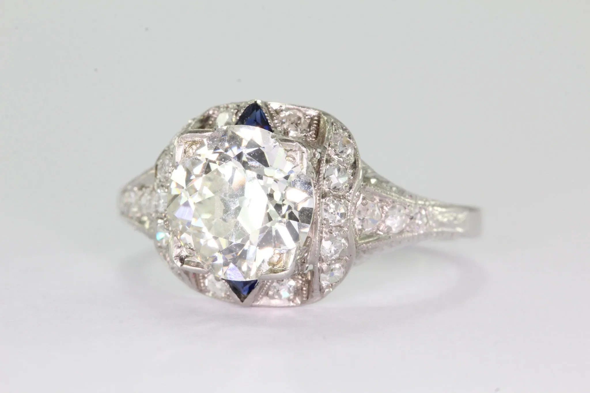 Antique Art Deco 3 Carat Total Weight Platinum Old European Diamond Sapphire Engagement Ring