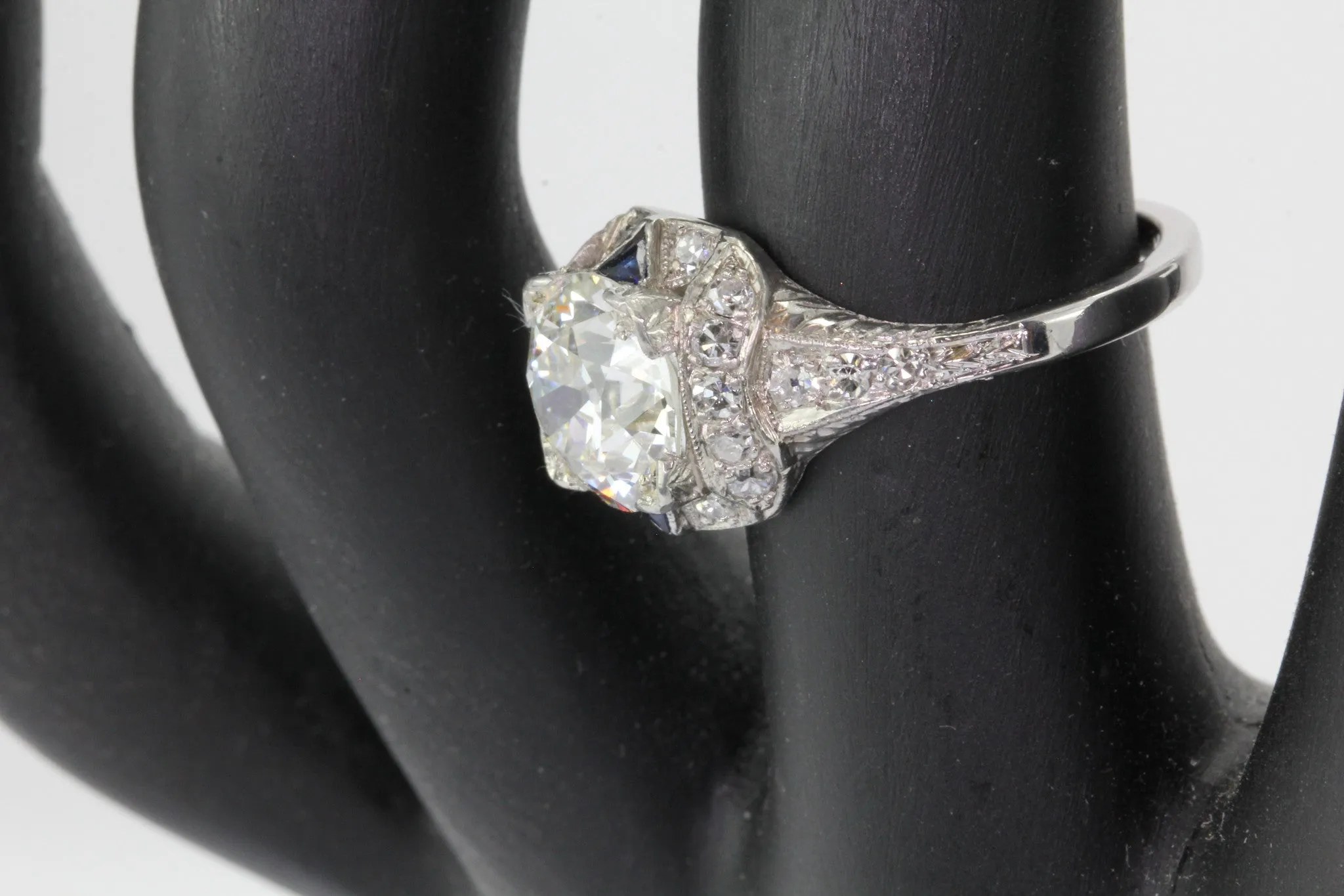 Antique Art Deco 3 Carat Total Weight Platinum Old European Diamond Sapphire Engagement Ring