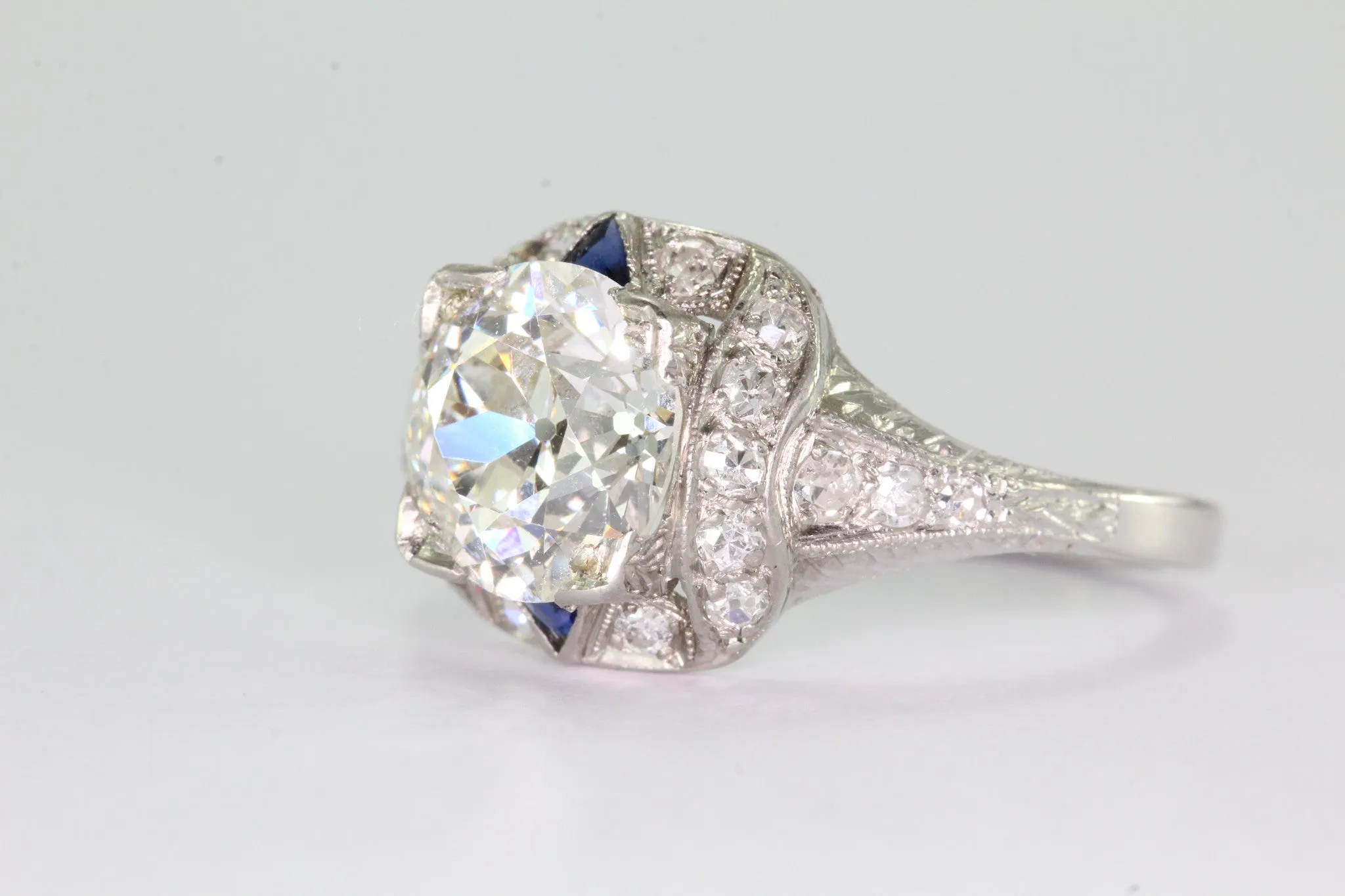 Antique Art Deco 3 Carat Total Weight Platinum Old European Diamond Sapphire Engagement Ring