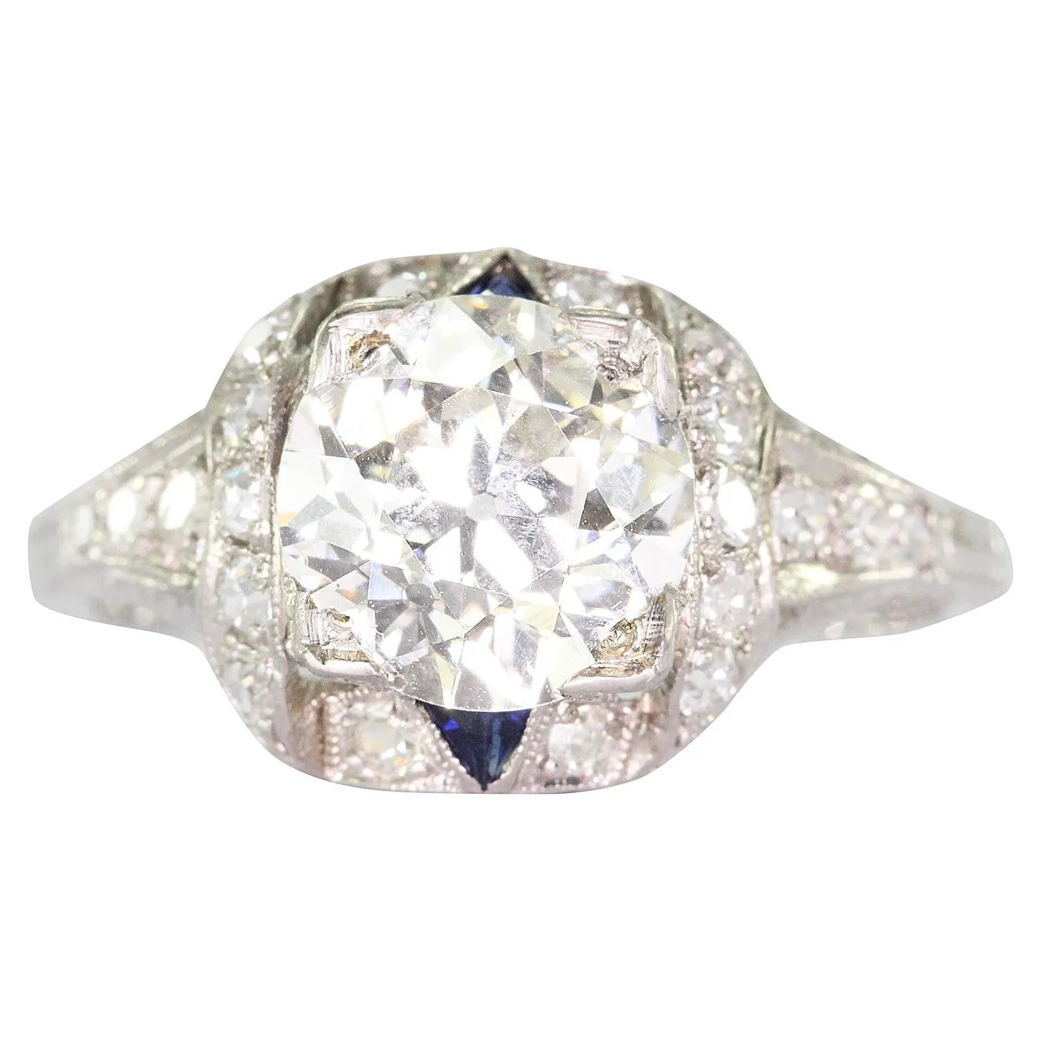 Antique Art Deco 3 Carat Total Weight Platinum Old European Diamond Sapphire Engagement Ring