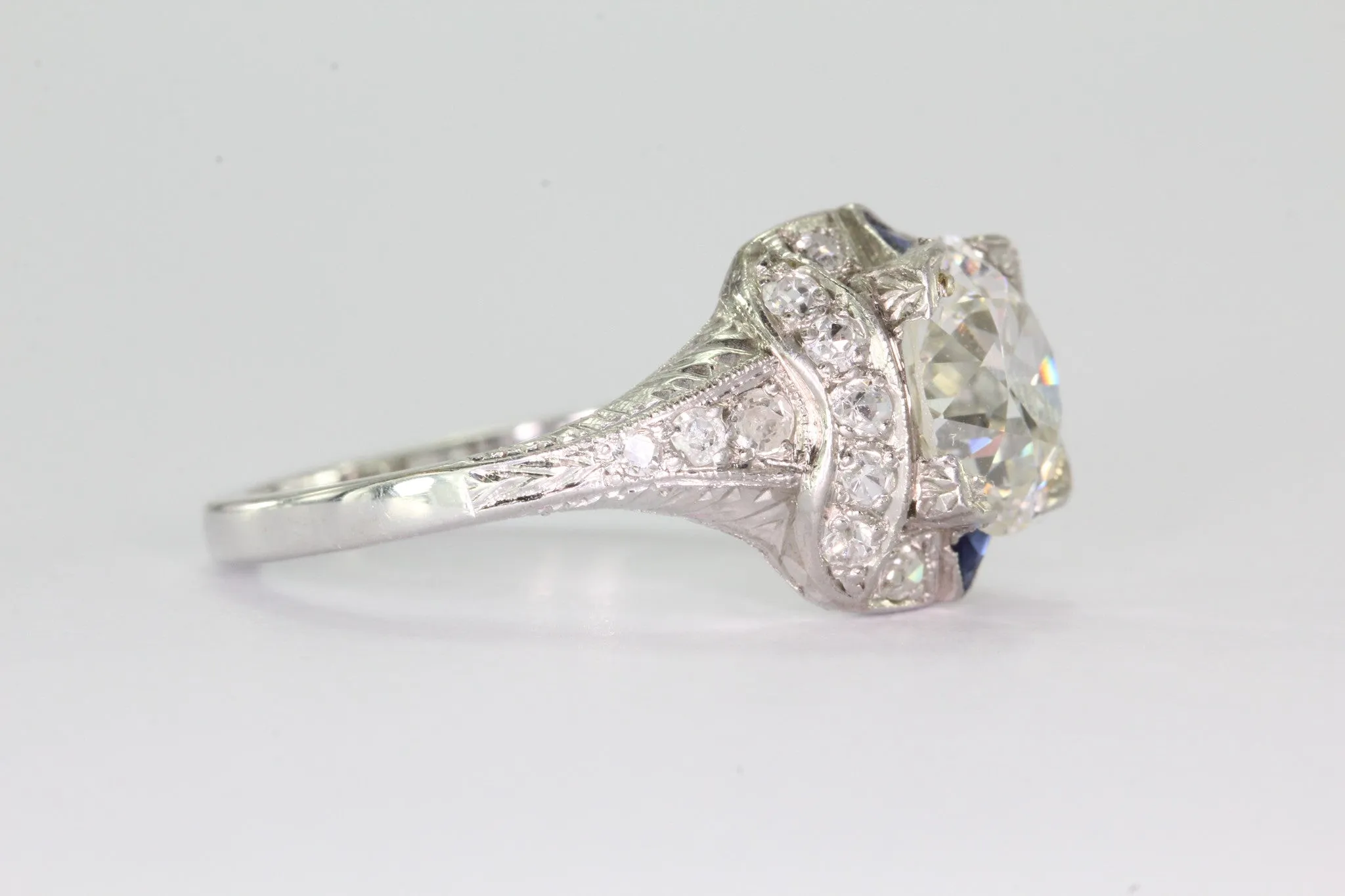 Antique Art Deco 3 Carat Total Weight Platinum Old European Diamond Sapphire Engagement Ring