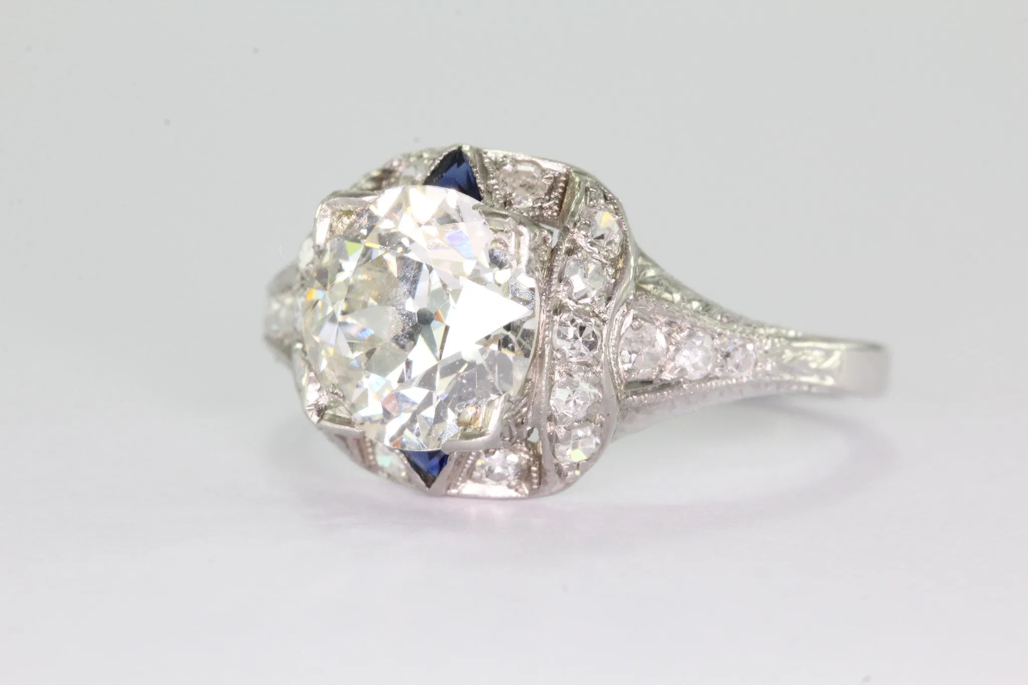 Antique Art Deco 3 Carat Total Weight Platinum Old European Diamond Sapphire Engagement Ring