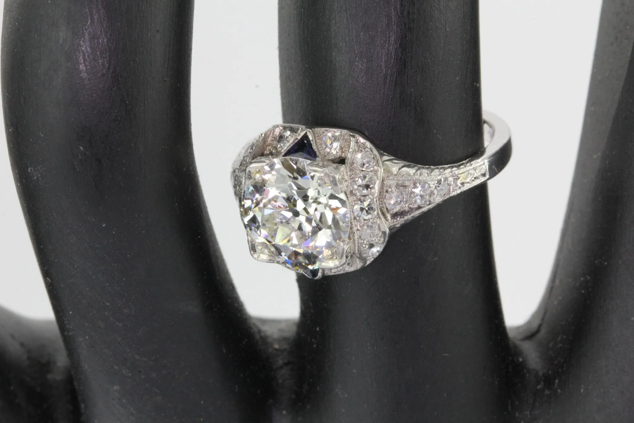 Antique Art Deco 3 Carat Total Weight Platinum Old European Diamond Sapphire Engagement Ring