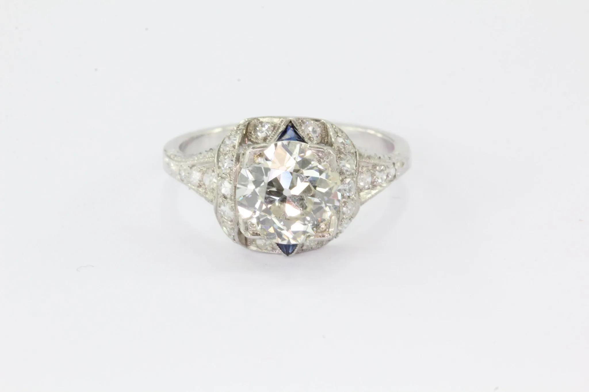Antique Art Deco 3 Carat Total Weight Platinum Old European Diamond Sapphire Engagement Ring