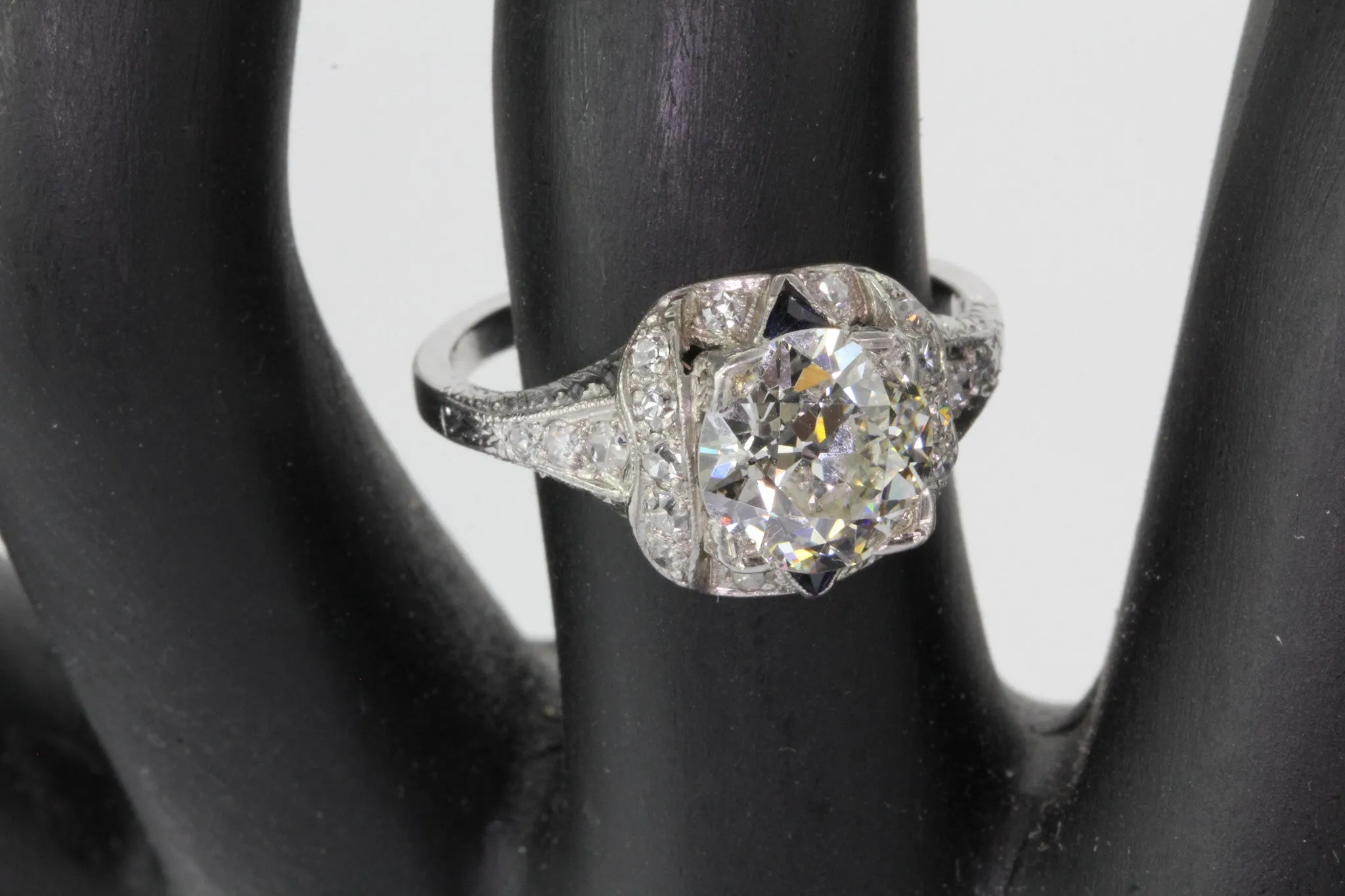 Antique Art Deco 3 Carat Total Weight Platinum Old European Diamond Sapphire Engagement Ring