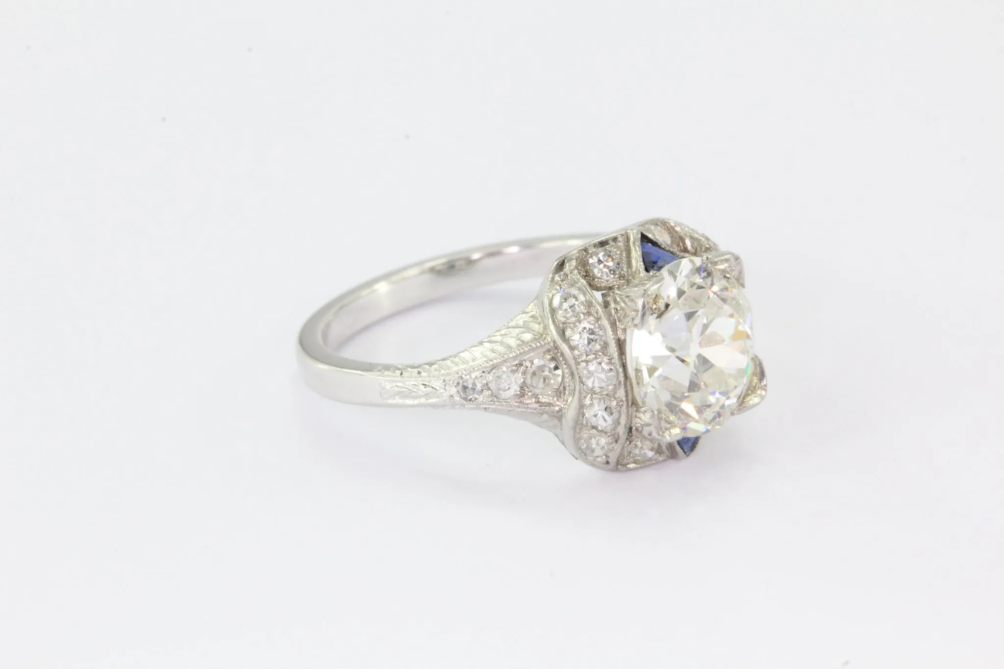 Antique Art Deco 3 Carat Total Weight Platinum Old European Diamond Sapphire Engagement Ring