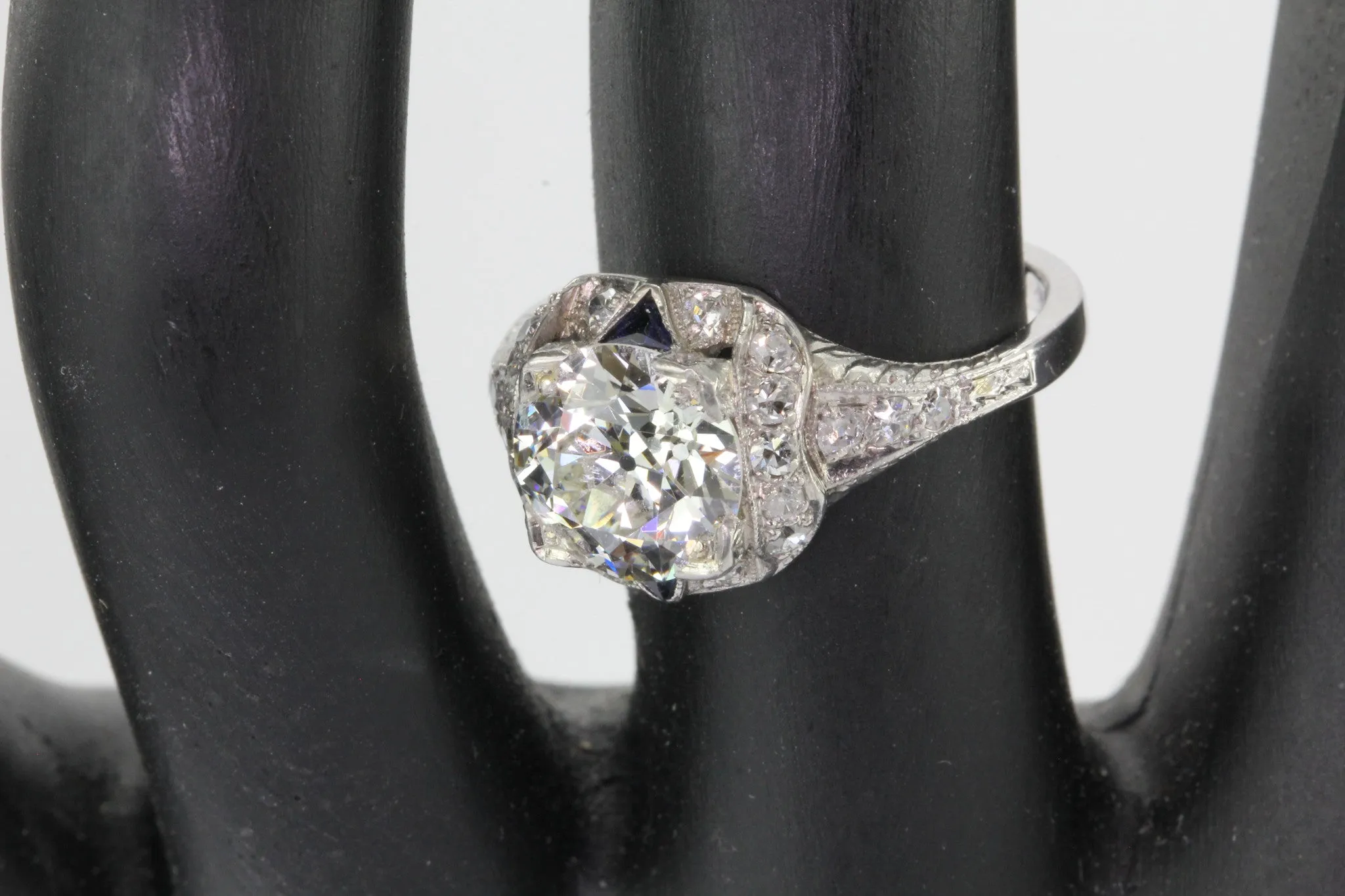 Antique Art Deco 3 Carat Total Weight Platinum Old European Diamond Sapphire Engagement Ring