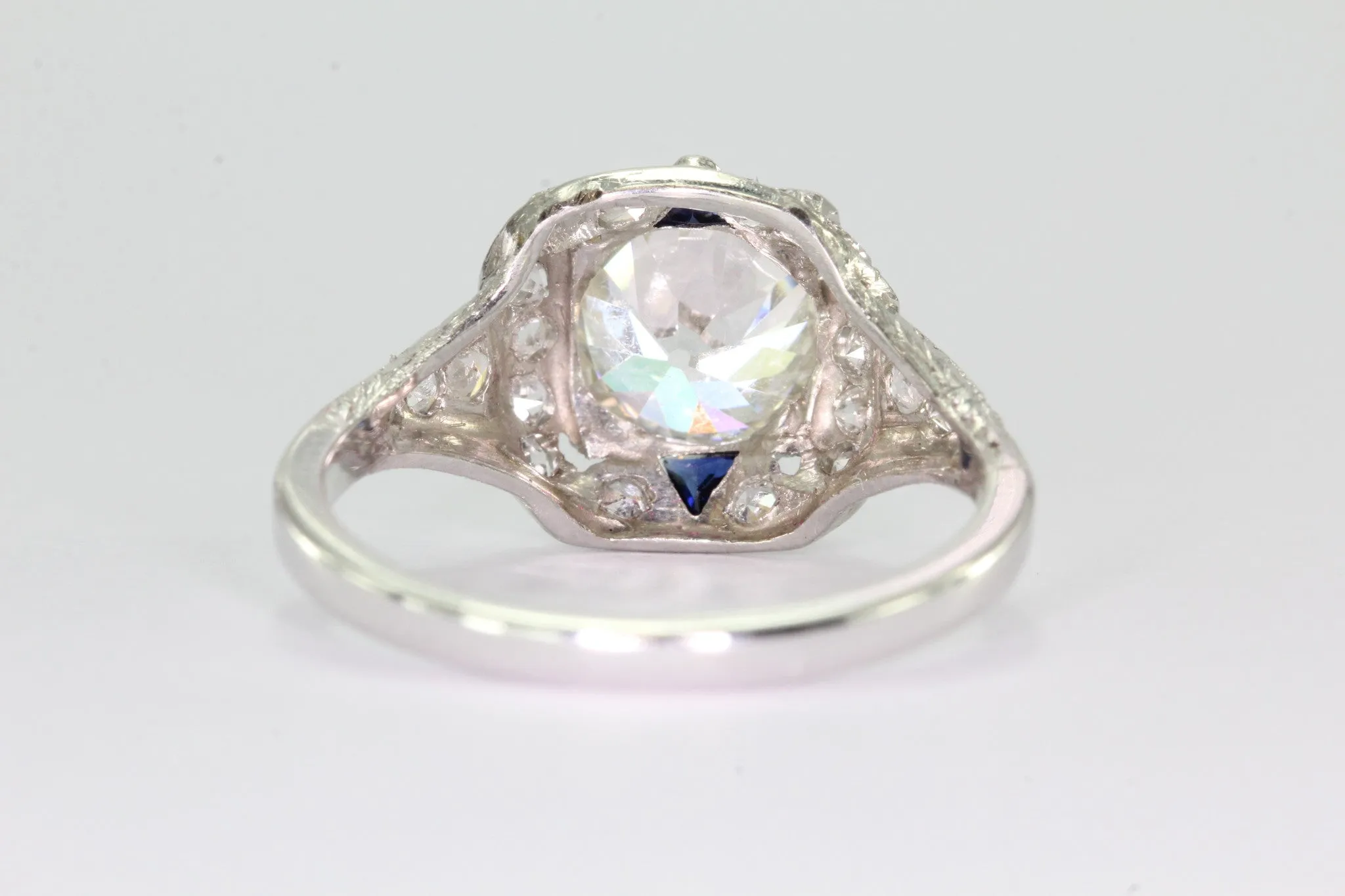 Antique Art Deco 3 Carat Total Weight Platinum Old European Diamond Sapphire Engagement Ring
