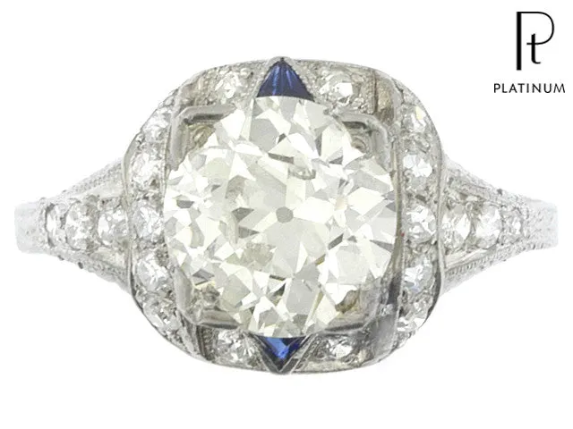 Antique Art Deco 3 Carat Total Weight Platinum Old European Diamond Sapphire Engagement Ring