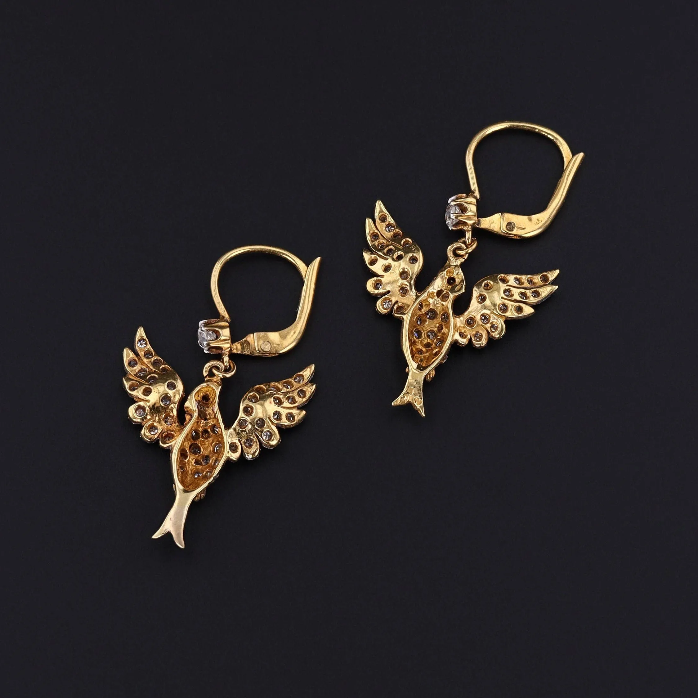 Antique Diamond Bird Earrings Platinum and 18k Gold