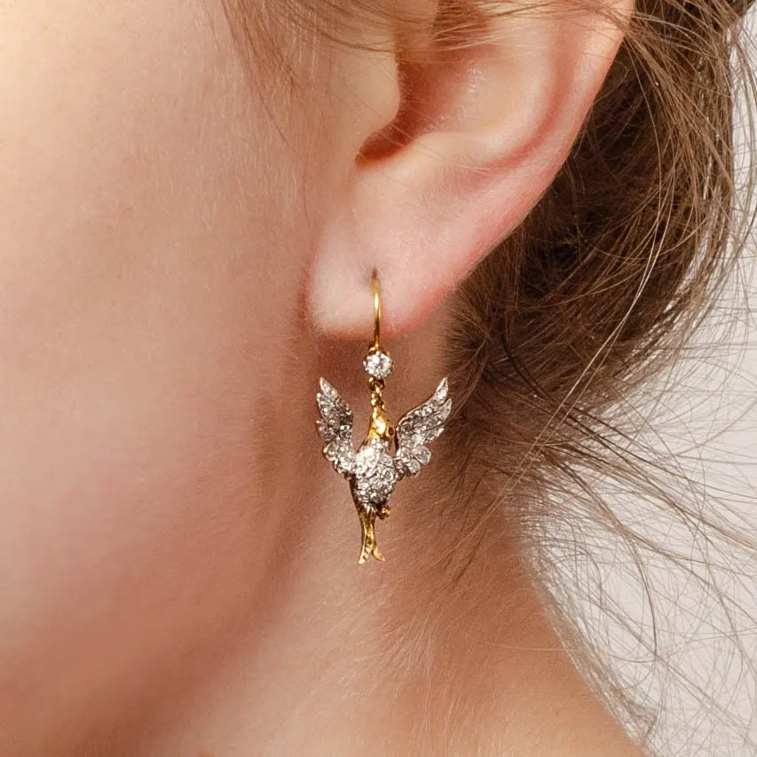 Antique Diamond Bird Earrings Platinum and 18k Gold