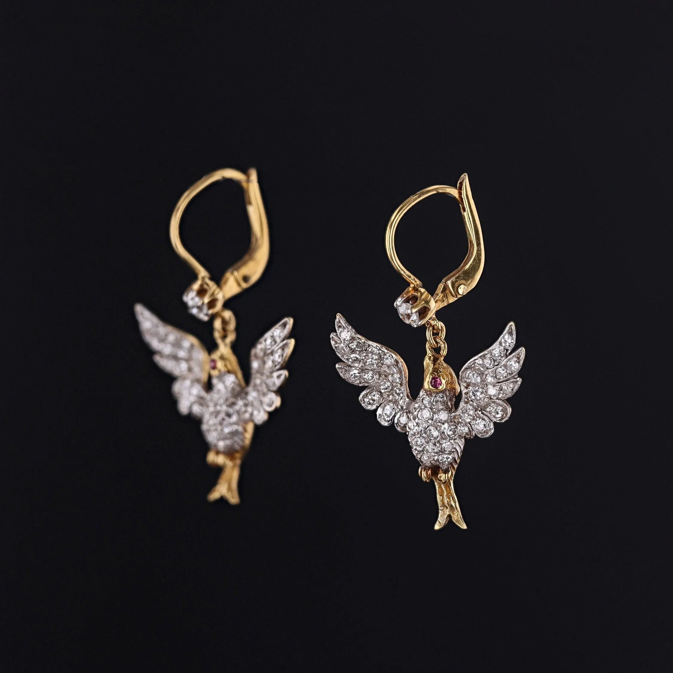 Antique Diamond Bird Earrings Platinum and 18k Gold