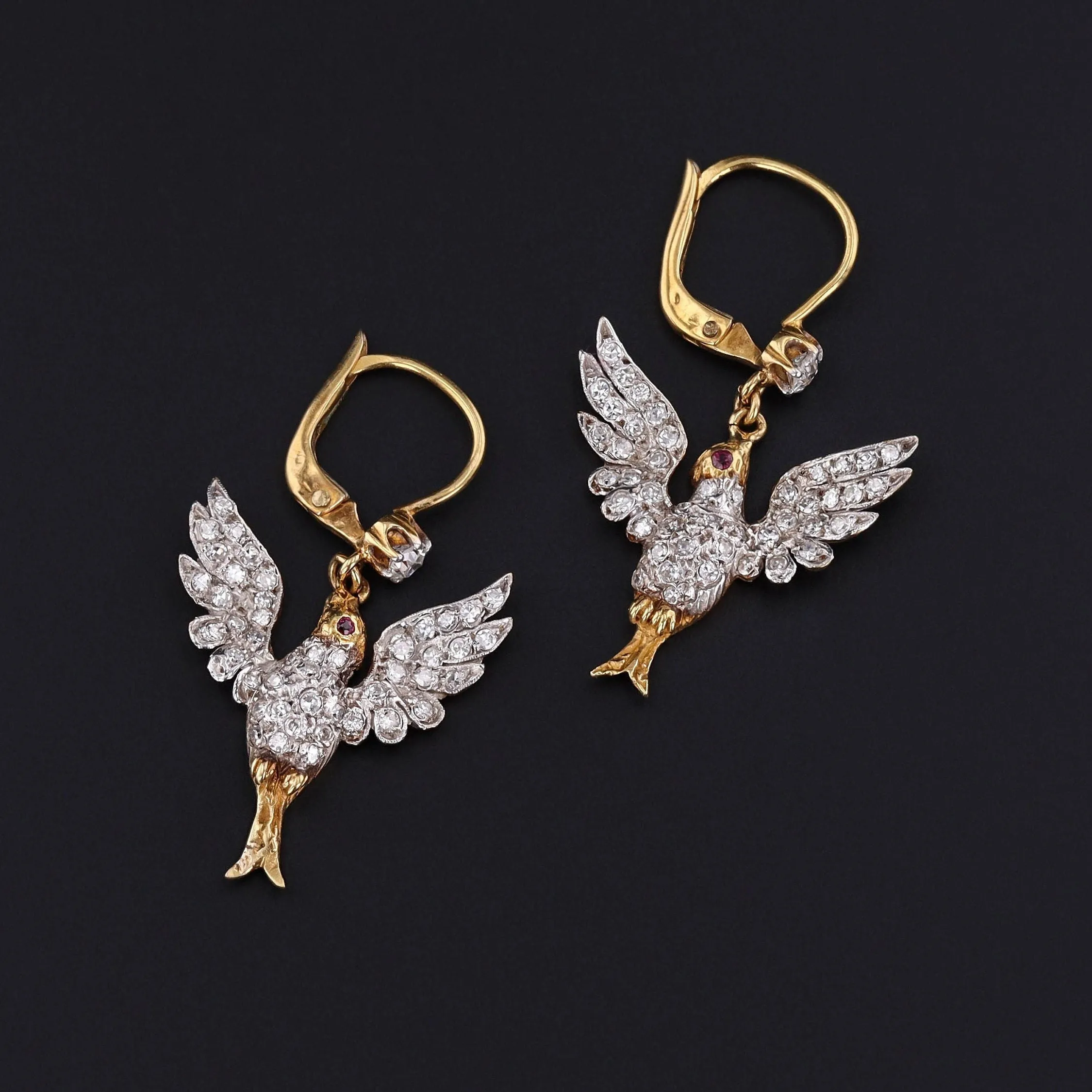 Antique Diamond Bird Earrings Platinum and 18k Gold