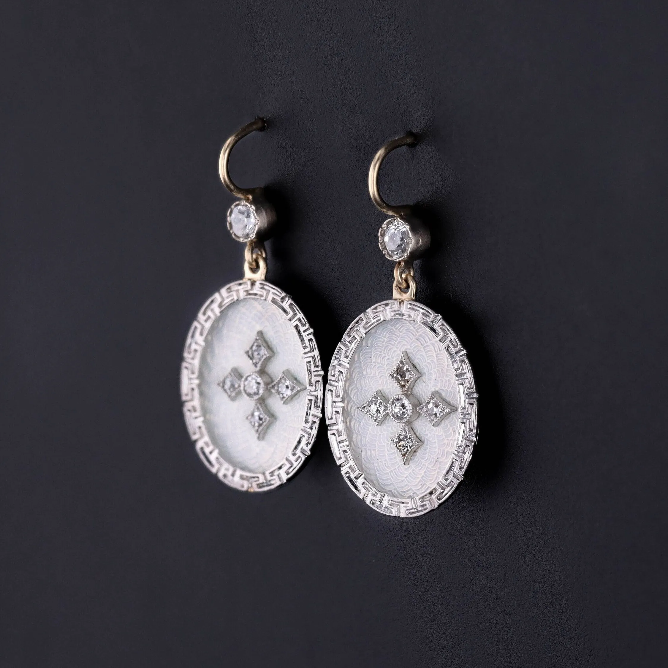 Antique Guilloche Enamel and Diamond Conversion Earrings