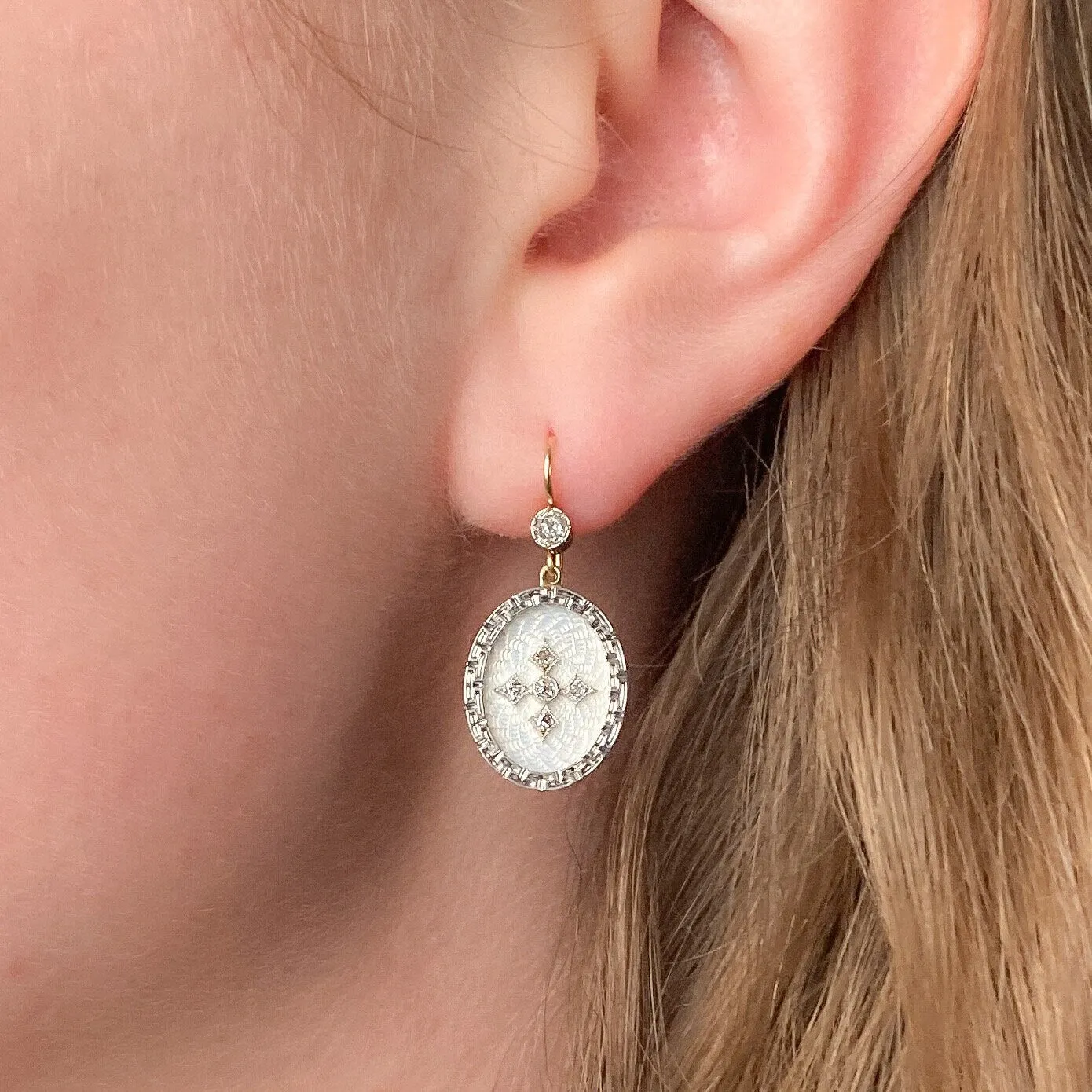 Antique Guilloche Enamel and Diamond Conversion Earrings