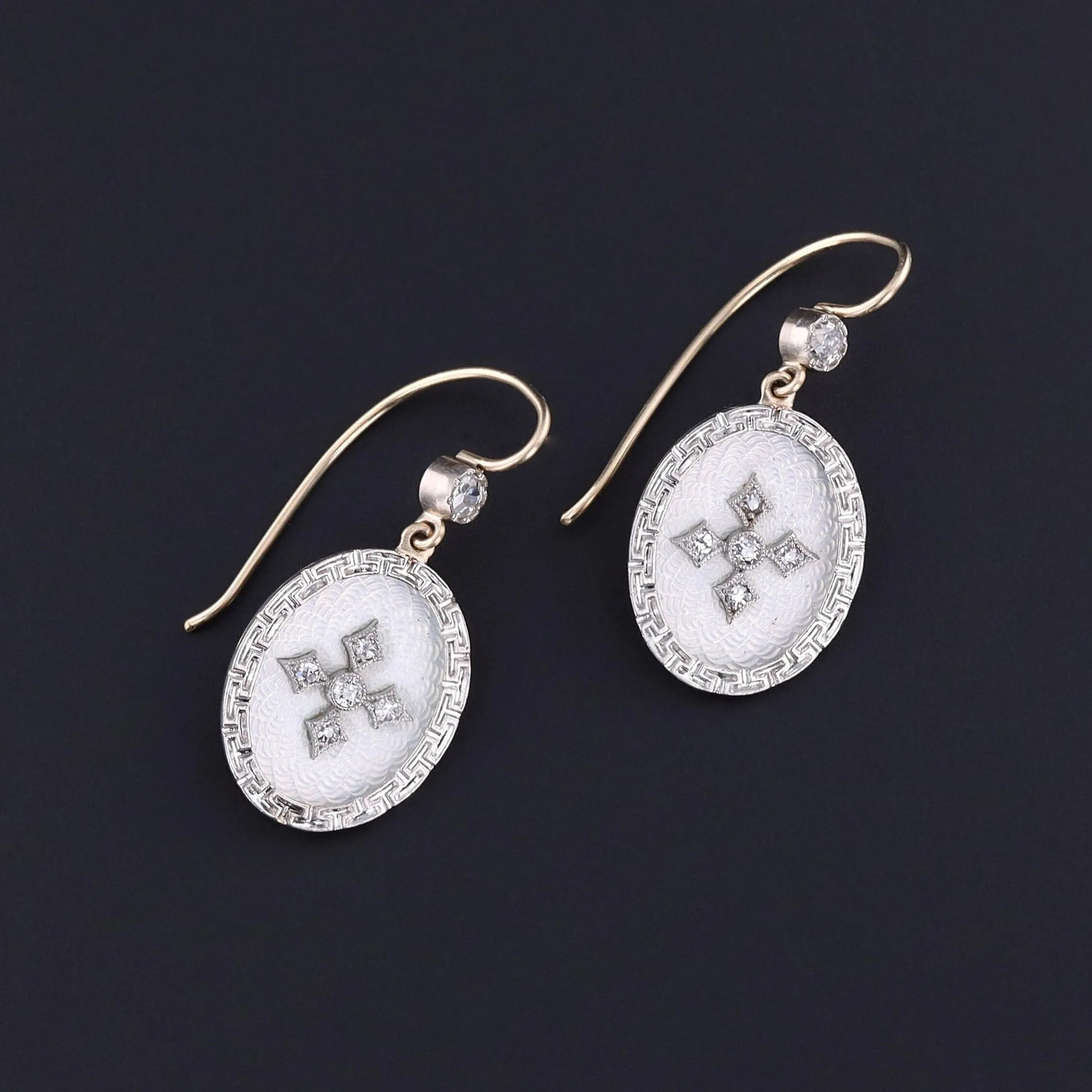 Antique Guilloche Enamel and Diamond Conversion Earrings