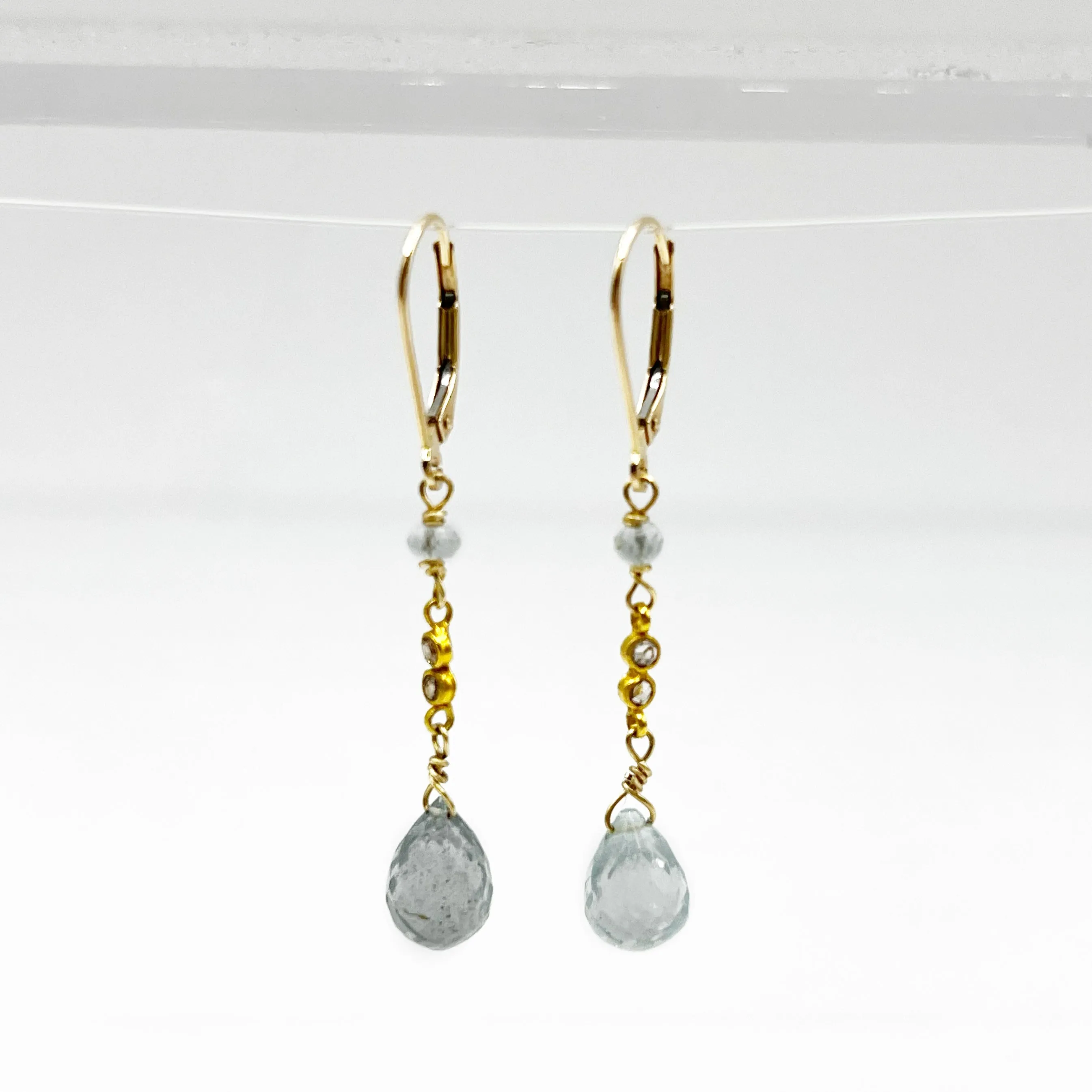 Aquamarine and Diamond Drop Fairy Earrings