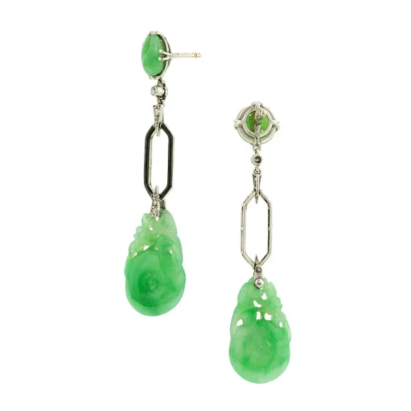 Art Deco Carved Jade & Diamond Drop Earrings