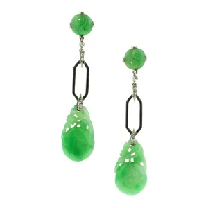 Art Deco Carved Jade & Diamond Drop Earrings