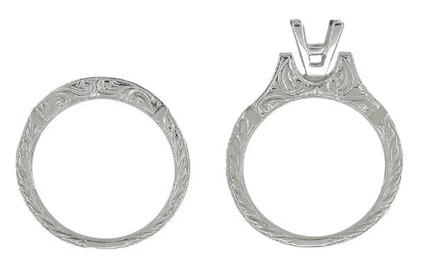 Art Deco Scrolls 2 Carat Princess Cut Diamond Engagement Ring Setting and Wedding Ring in White Gold