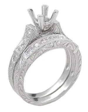 Art Deco Scrolls 2 Carat Princess Cut Diamond Engagement Ring Setting and Wedding Ring in White Gold