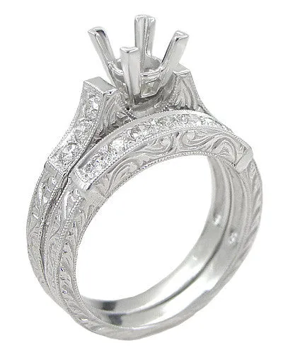 Art Deco Scrolls 2 Carat Princess Cut Diamond Engagement Ring Setting and Wedding Ring in White Gold
