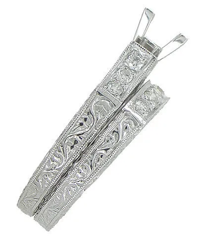 Art Deco Scrolls 2 Carat Princess Cut Diamond Engagement Ring Setting and Wedding Ring in White Gold