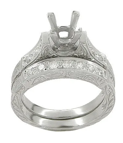 Art Deco Scrolls 2 Carat Princess Cut Diamond Engagement Ring Setting and Wedding Ring in White Gold