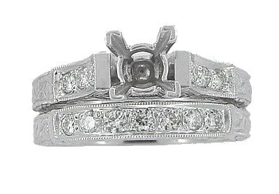 Art Deco Scrolls 2 Carat Princess Cut Diamond Engagement Ring Setting and Wedding Ring in White Gold
