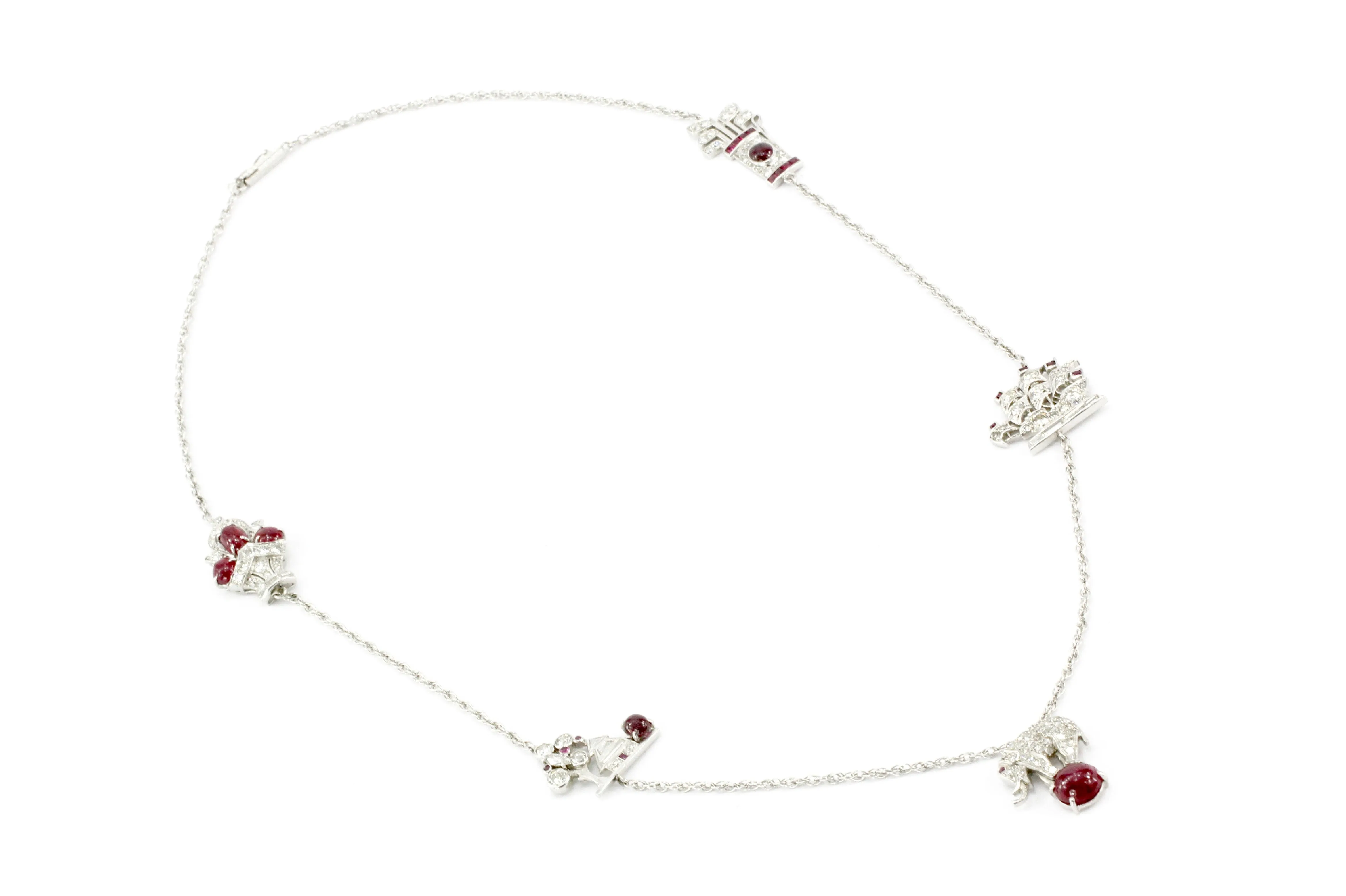 Art Deco White Gold & Platinum Diamond & Ruby Station Necklace c.1920's