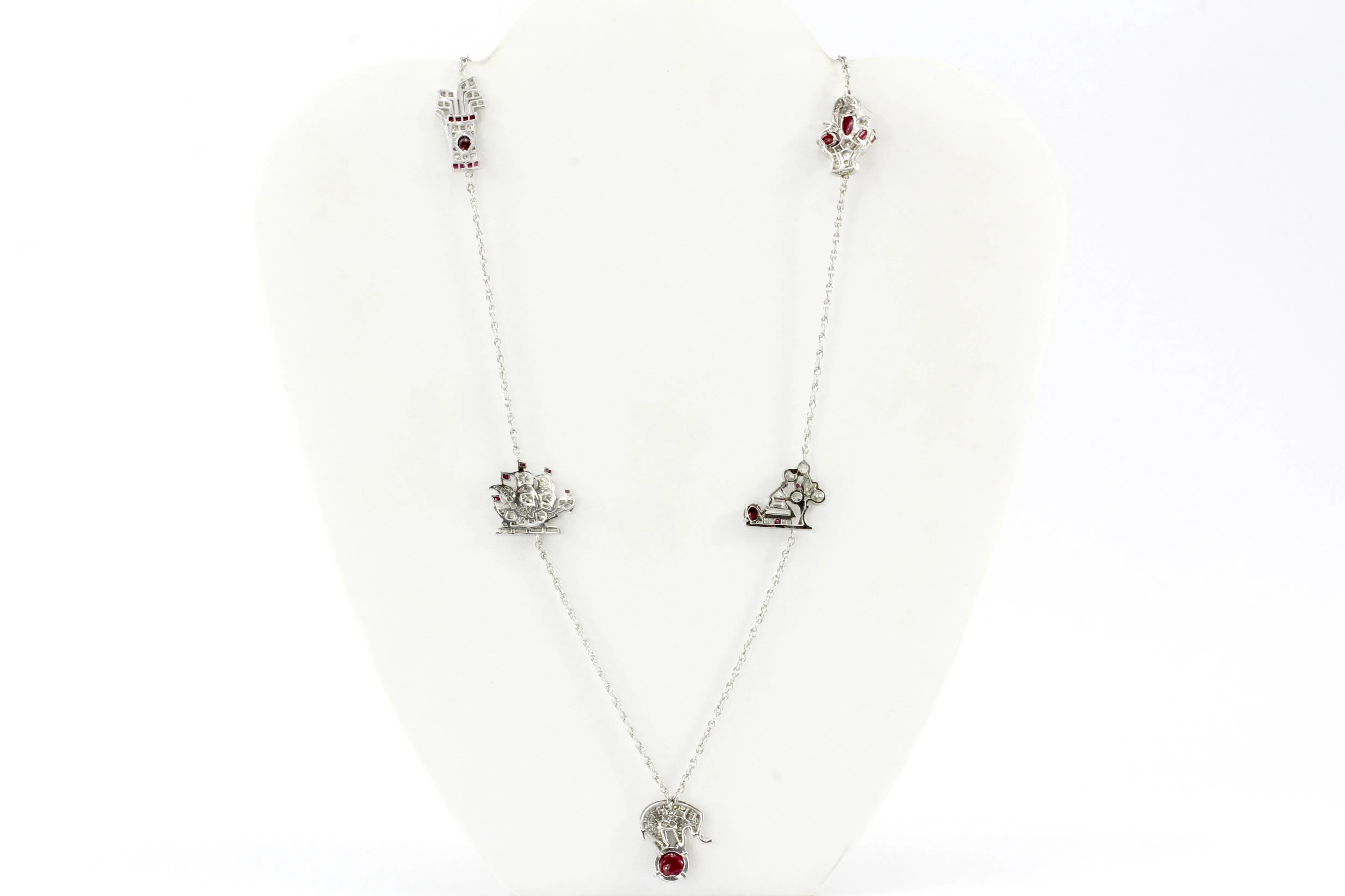 Art Deco White Gold & Platinum Diamond & Ruby Station Necklace c.1920's