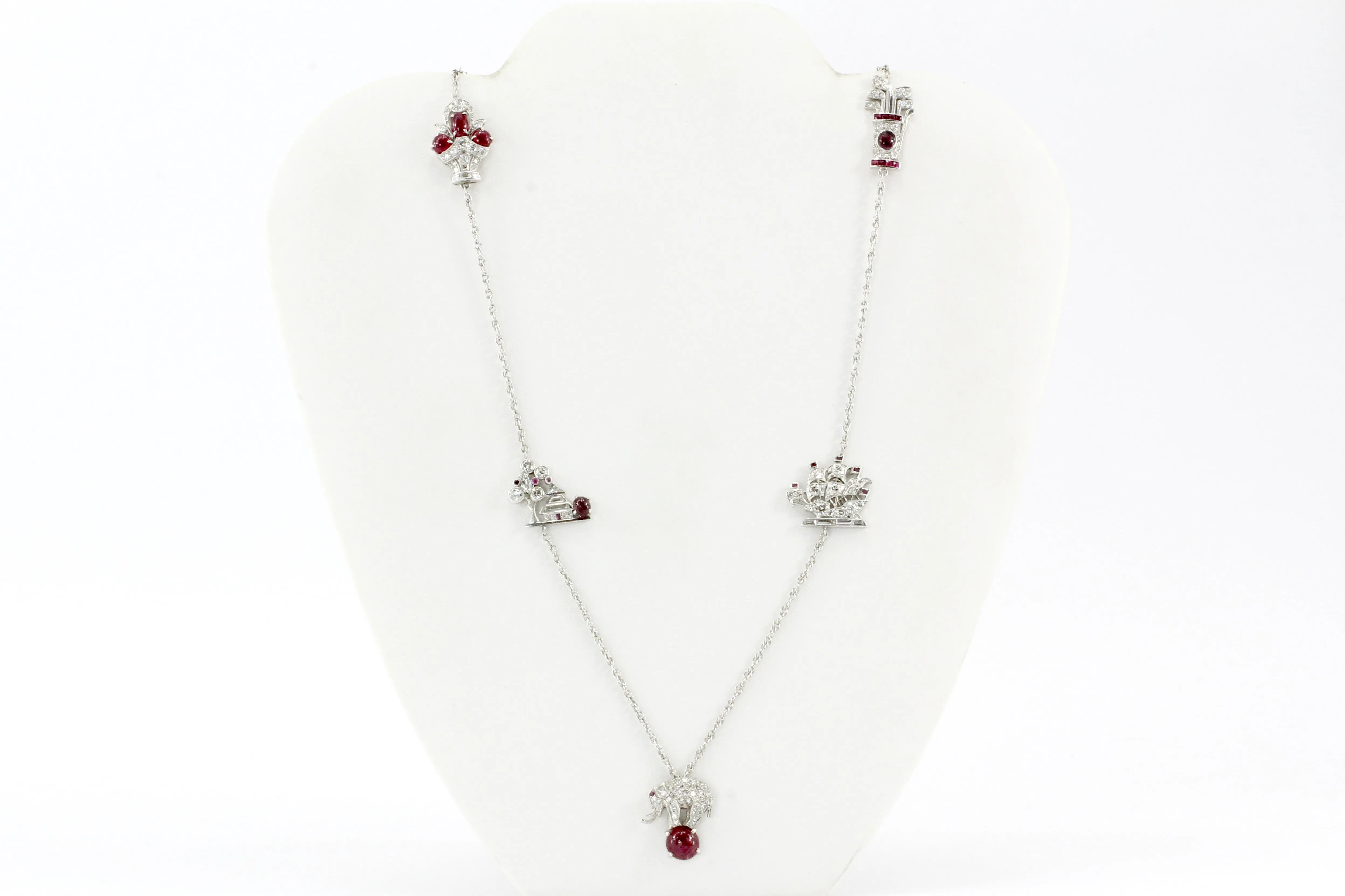 Art Deco White Gold & Platinum Diamond & Ruby Station Necklace c.1920's