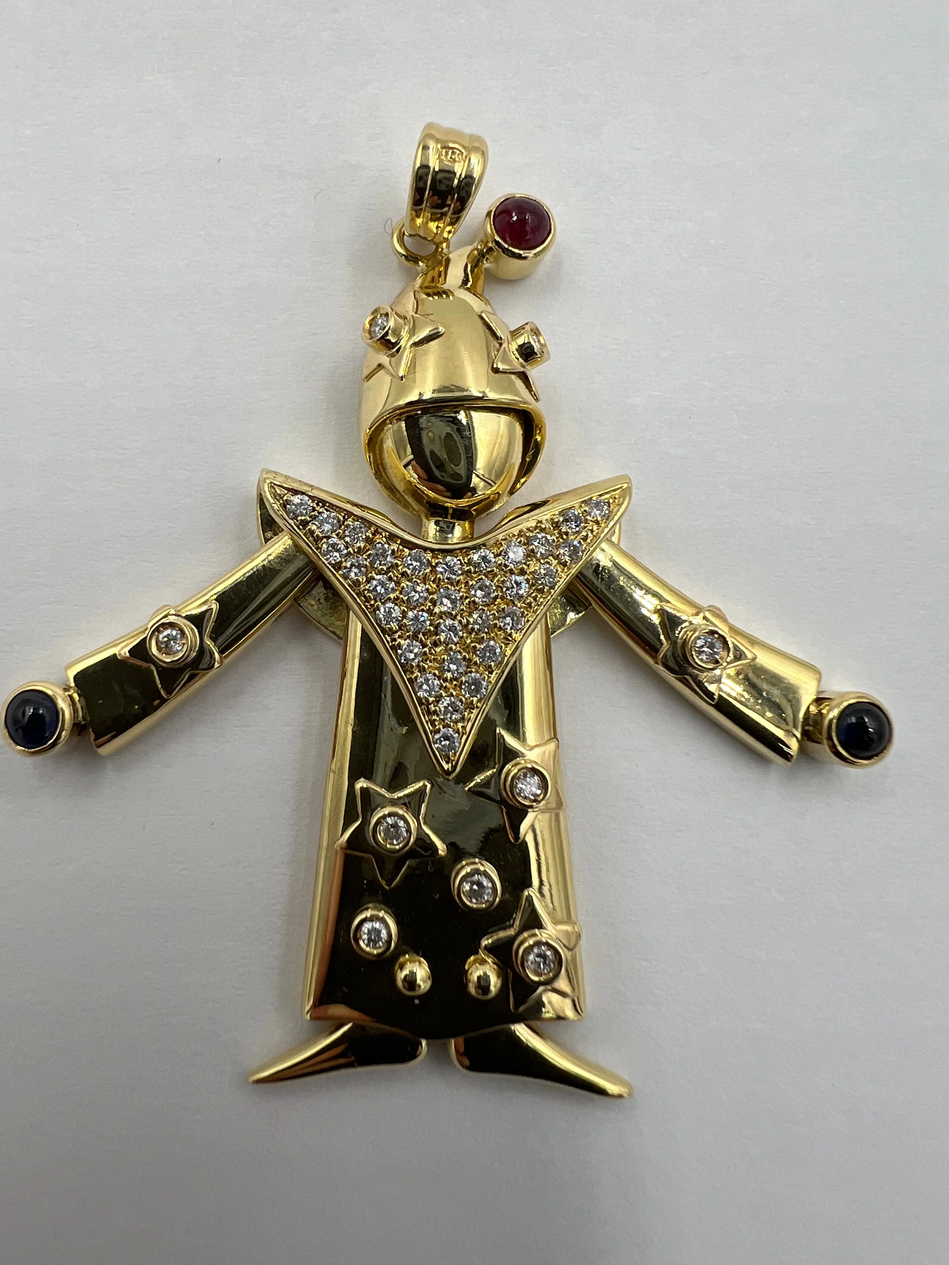Articulated Diamond Ruby Sapphire Yellow Gold Clown Pendant