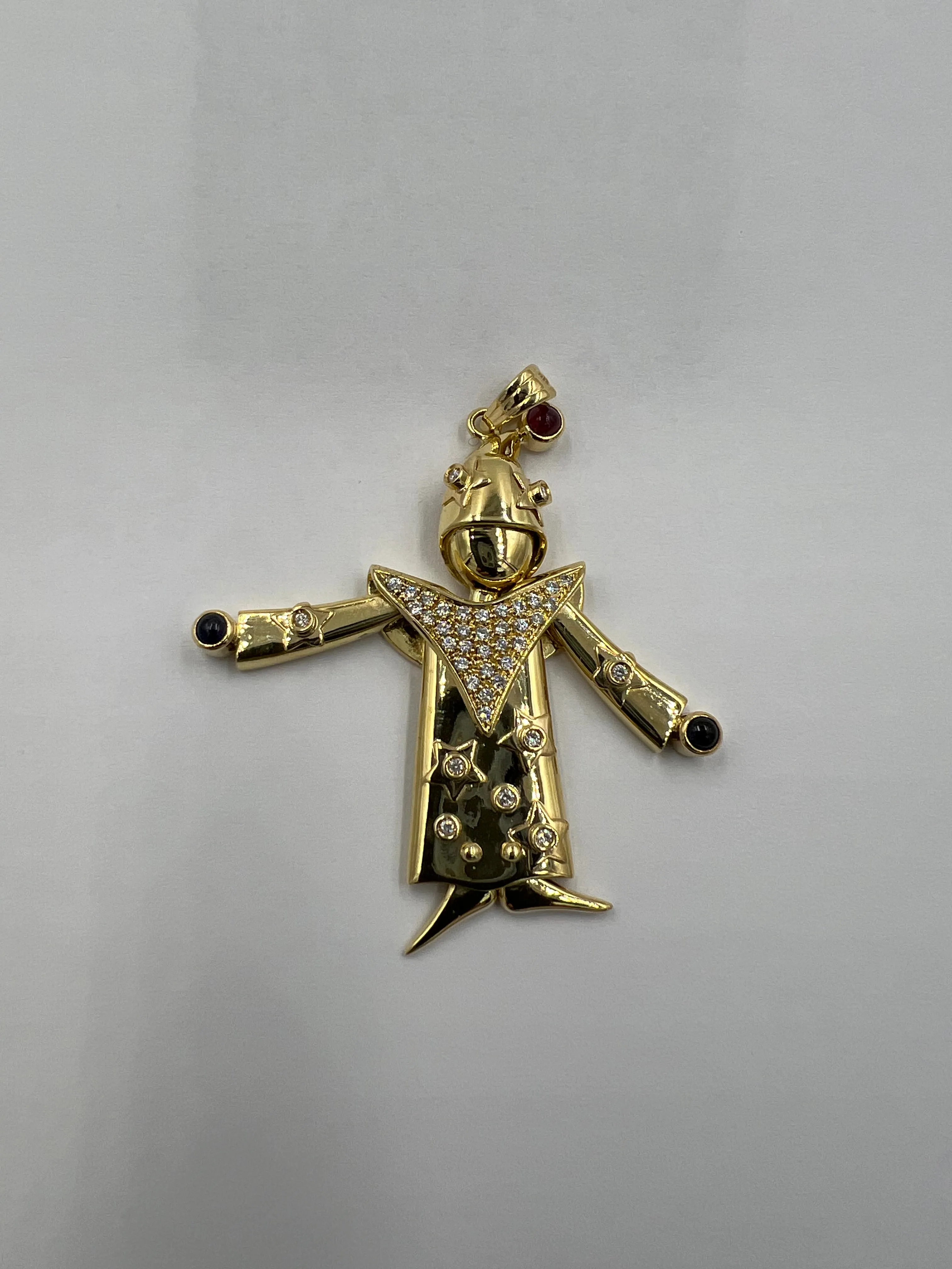 Articulated Diamond Ruby Sapphire Yellow Gold Clown Pendant