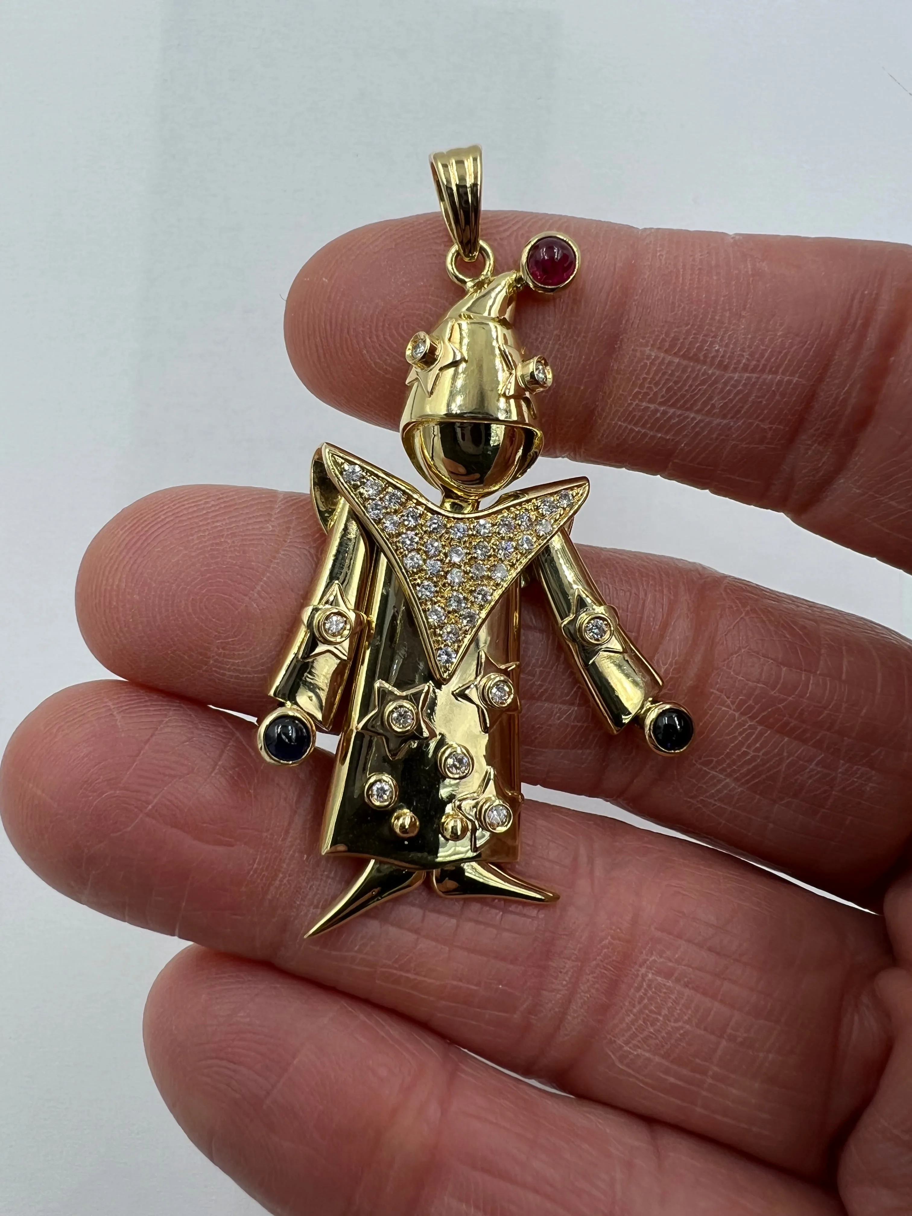 Articulated Diamond Ruby Sapphire Yellow Gold Clown Pendant