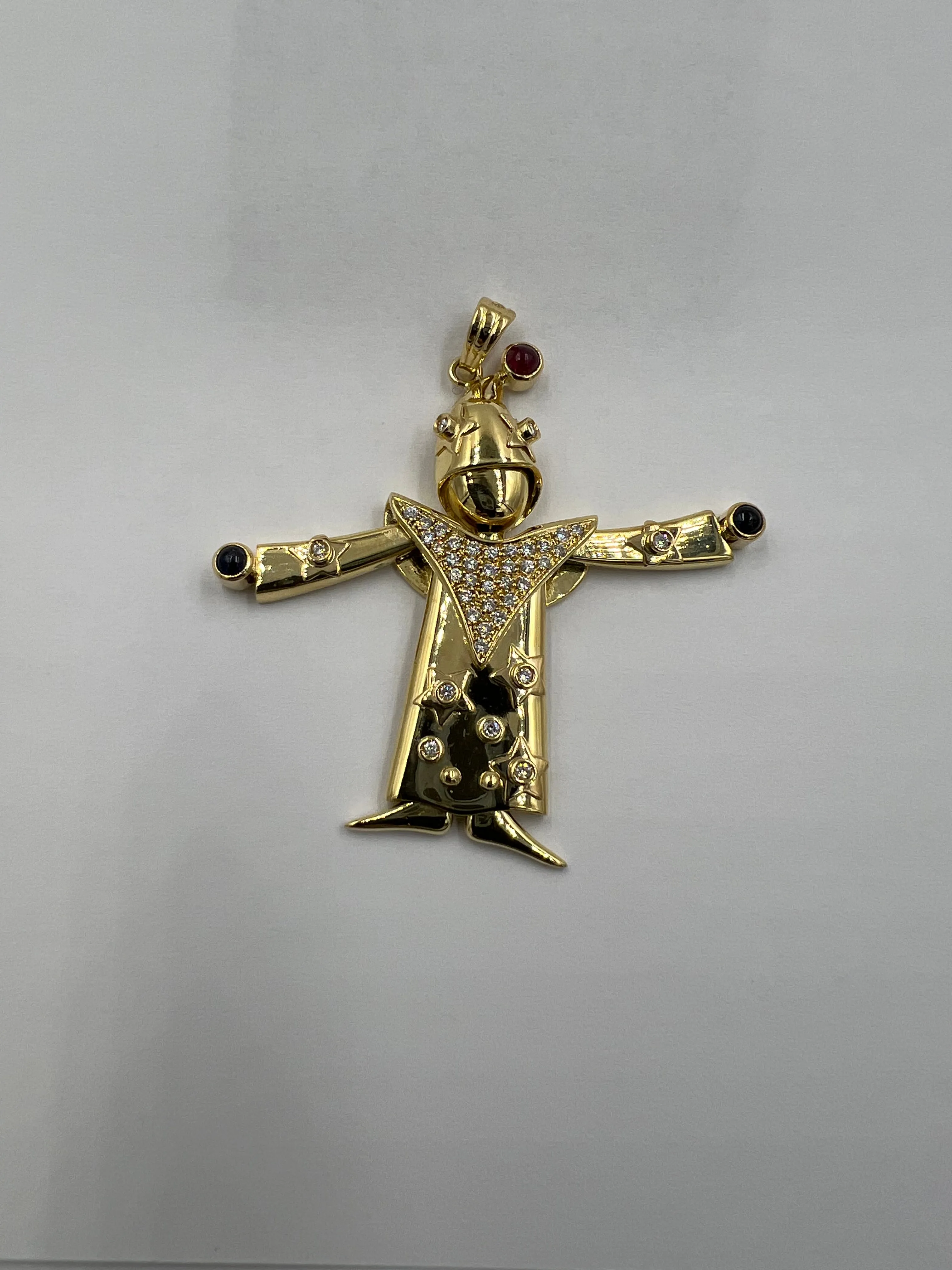 Articulated Diamond Ruby Sapphire Yellow Gold Clown Pendant