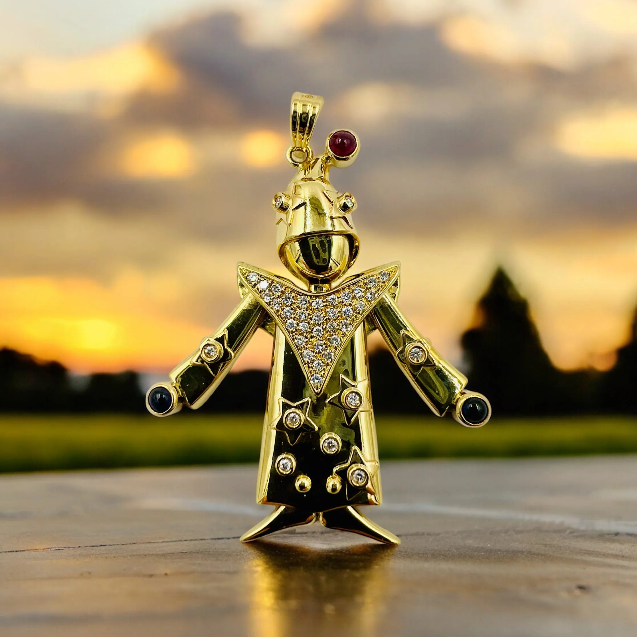 Articulated Diamond Ruby Sapphire Yellow Gold Clown Pendant