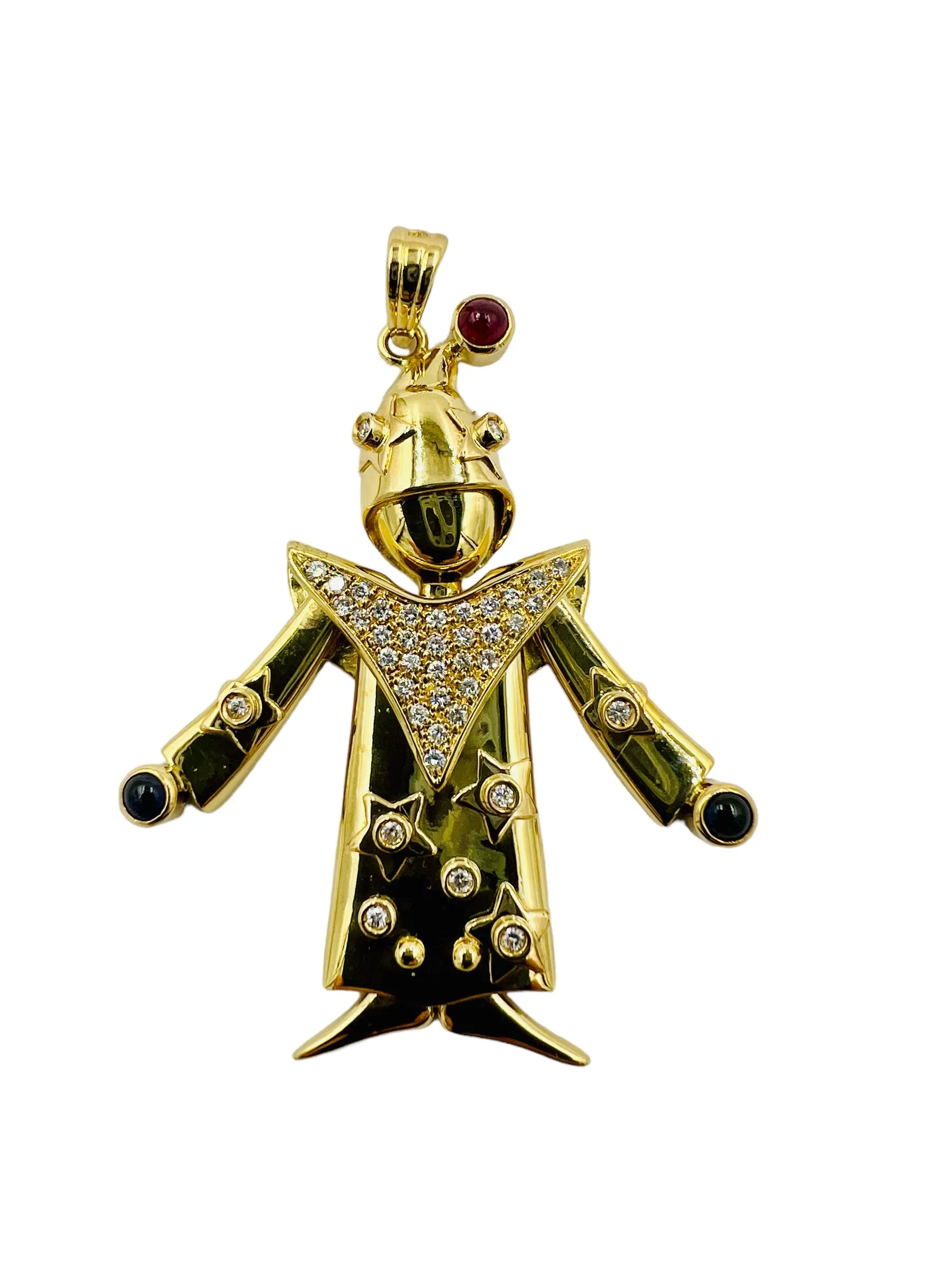 Articulated Diamond Ruby Sapphire Yellow Gold Clown Pendant