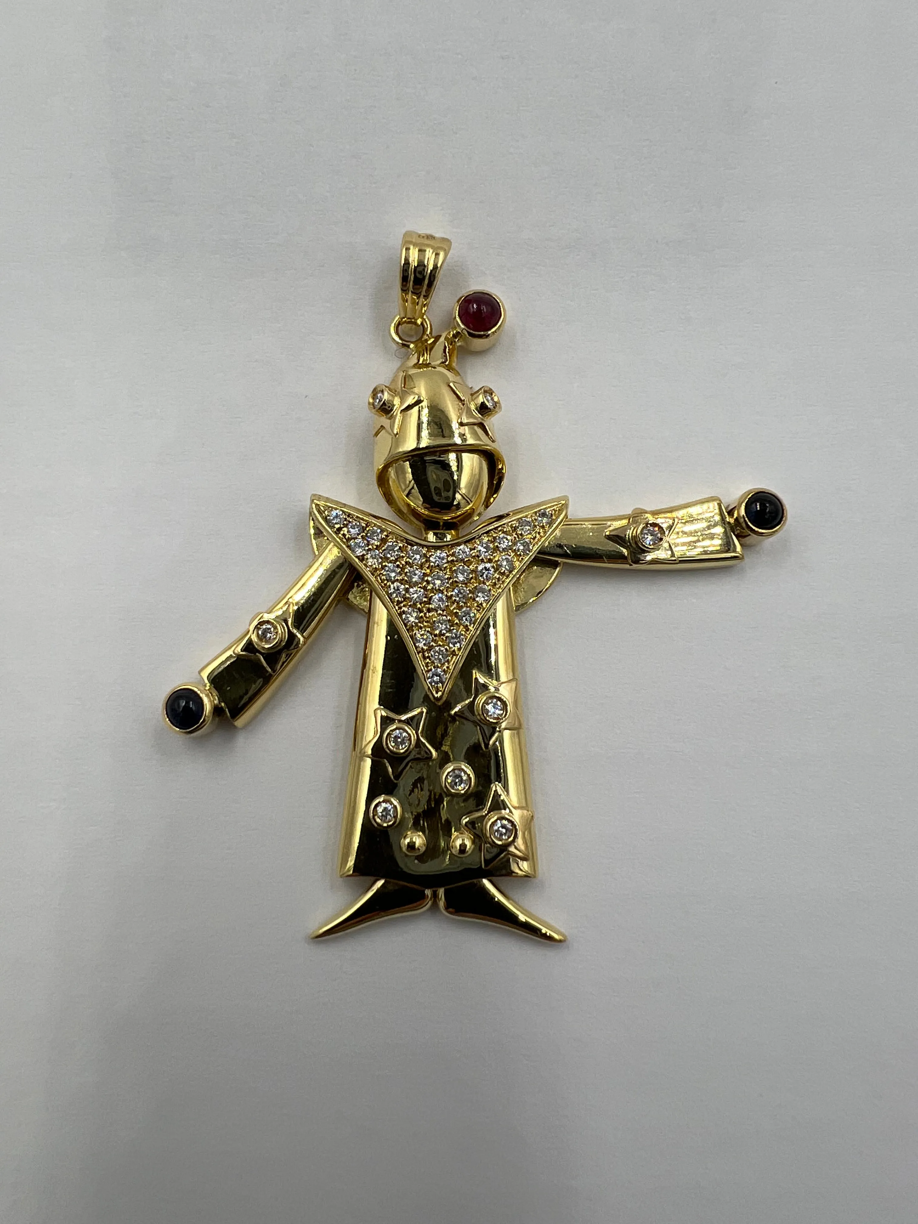 Articulated Diamond Ruby Sapphire Yellow Gold Clown Pendant