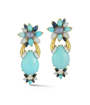 Asheville Earrings, Hammered 18K Gold, Turquoise, Diamonds