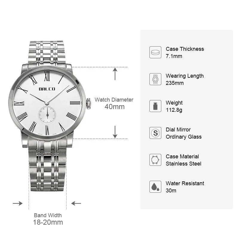 BALCO Quartz Watches For Men 40mm Classic Fashion Casual Clock