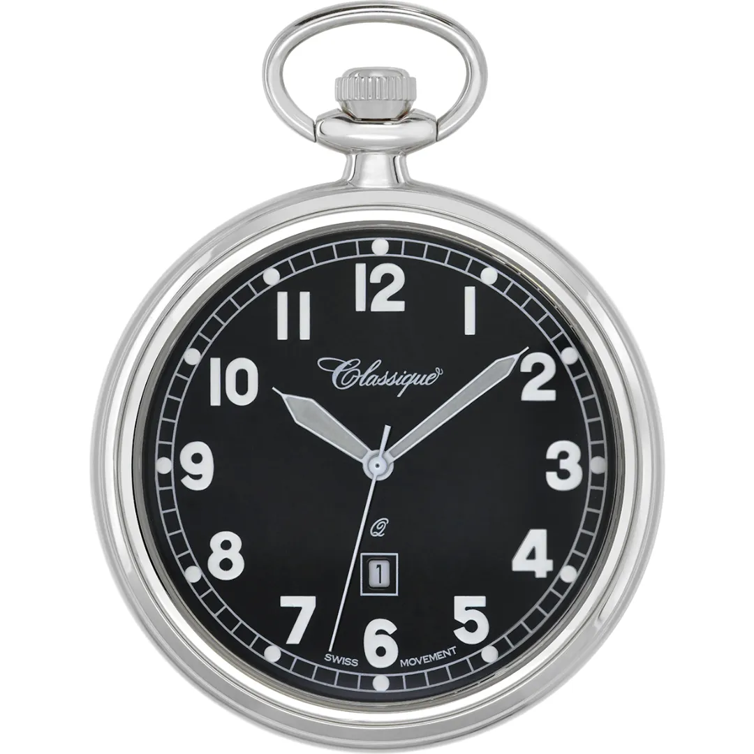 Brushed Rhodium Black Dail Plated Pocket Watch